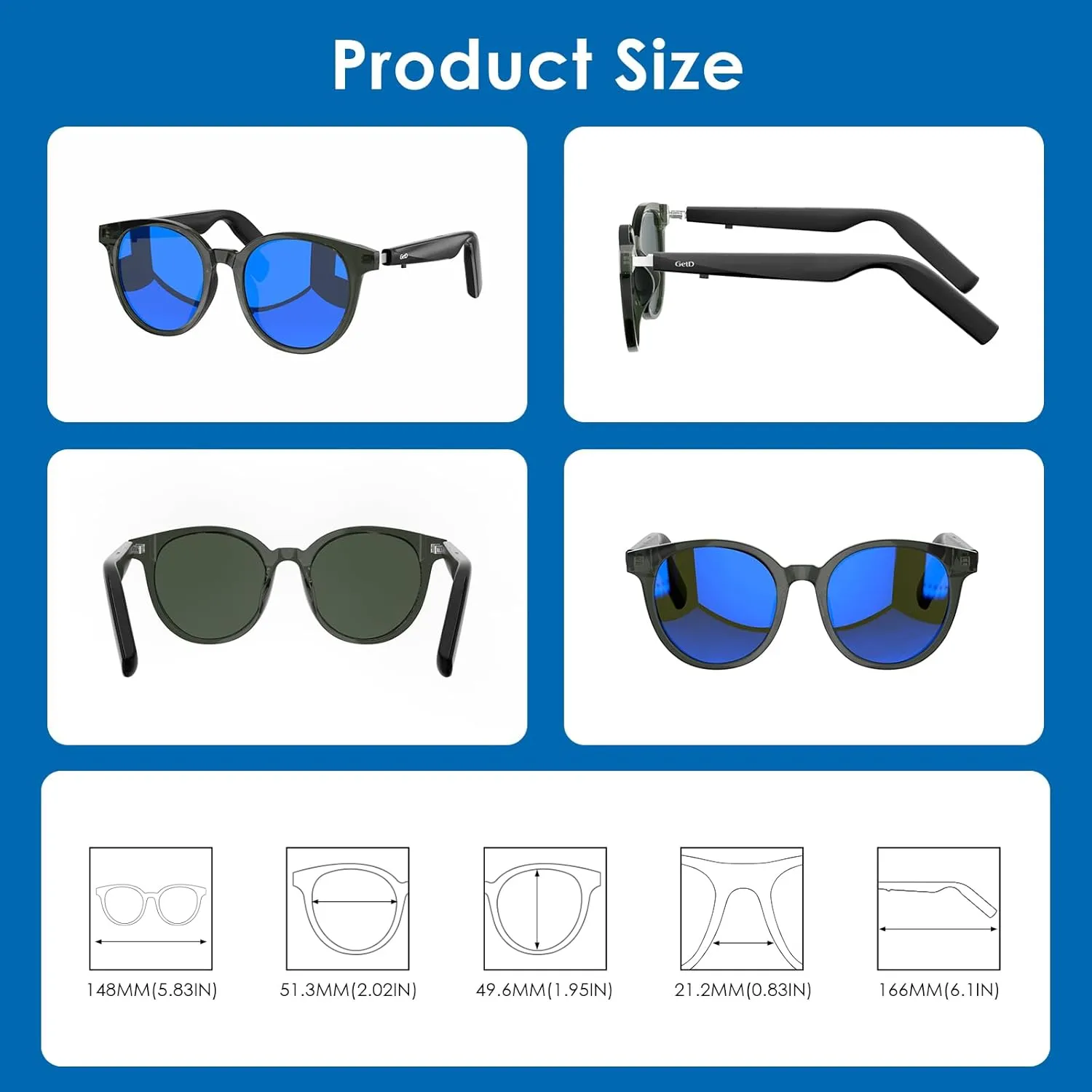 Smart Sunglasses, Round Polarized Lens Bluetooth Glasses for Women and Men with Speaker, Music Glasses AI Translator, 11H Battery Life, Voice Control, Smart Eyewear for Travel Driving Meeting