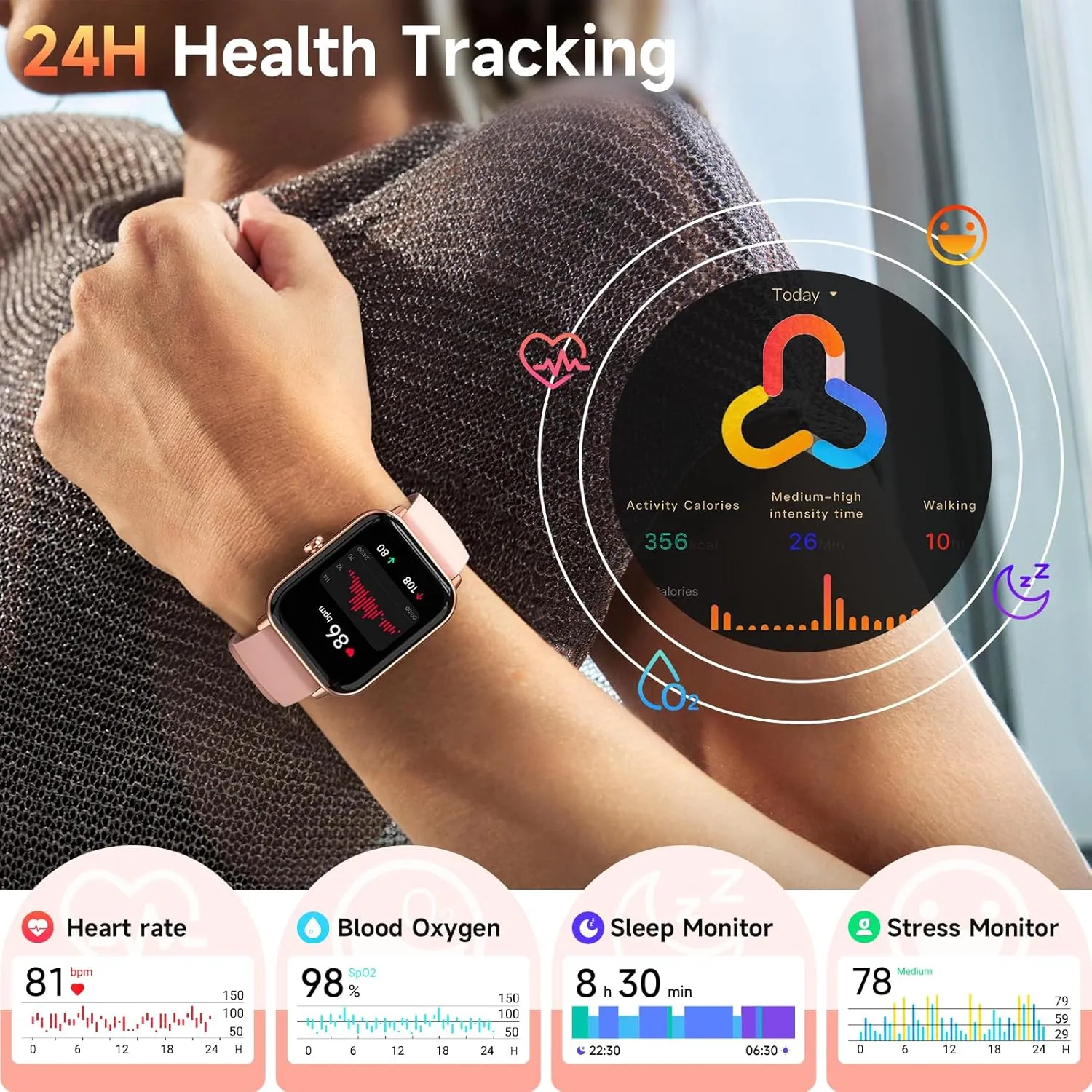 Smart Watches for Women Android & iPhone, Alexa Built-in, 1.8" Fitness Tracker with Answer/Make Calls, IP68 Waterproof Fitness Watch,Heart Rate, Sleep, SpO2 Monitor,Pedometer, Pink