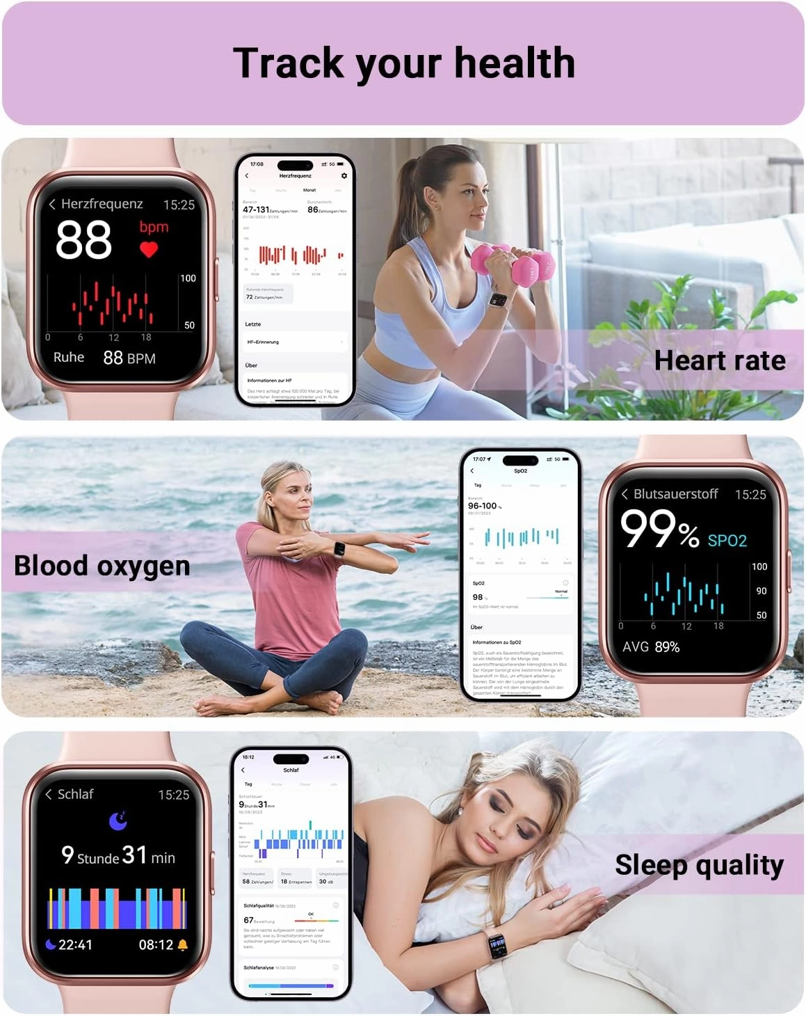 Smart Watch for Women Android & iPhone, Alexa Built-in, 1.8" Touch Screen Fitness Tracker with Answer/Make Calls, IP68 Waterproof Heart Rate/Sleep/SpO2 Monitor, Pedometer, 100  Sport Modes