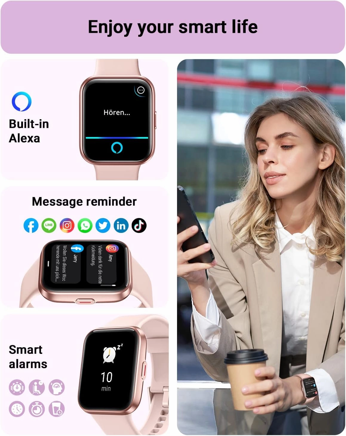 Smart Watch for Women Android & iPhone, Alexa Built-in, 1.8" Touch Screen Fitness Tracker with Answer/Make Calls, IP68 Waterproof Heart Rate/Sleep/SpO2 Monitor, Pedometer, 100  Sport Modes