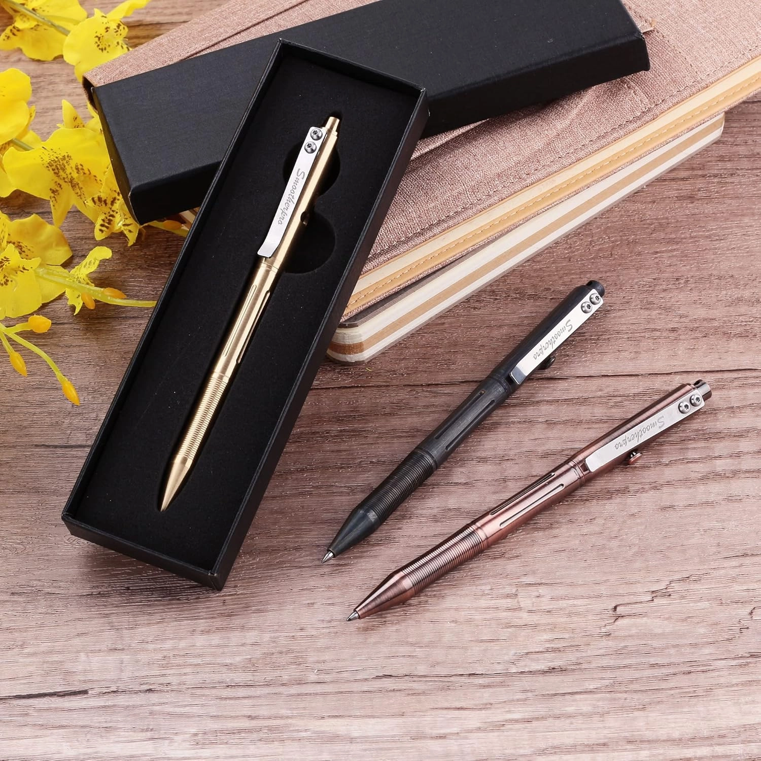 SMOOTHERPRO Bolt Action Pen, Solid Brass Ballpoint Pen Compatible with Pilot G2 Refill, Weighted Heavy Pen for Tremor Parkinson Arthritic Hand, Color Natural (RG336)