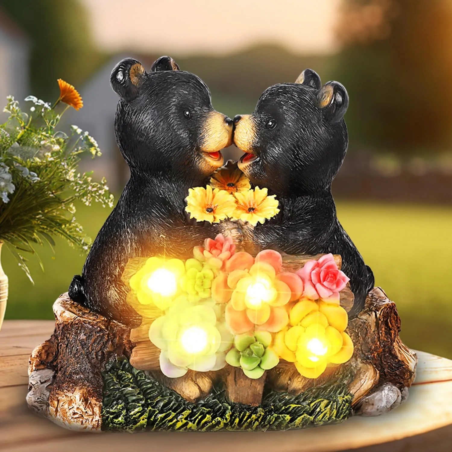 Solar Bear Garden Statues,Waterprrof Bear Outdoor Decor Resin Black Bear Figurine for Yard and Garden,Gifts for Mom, Women