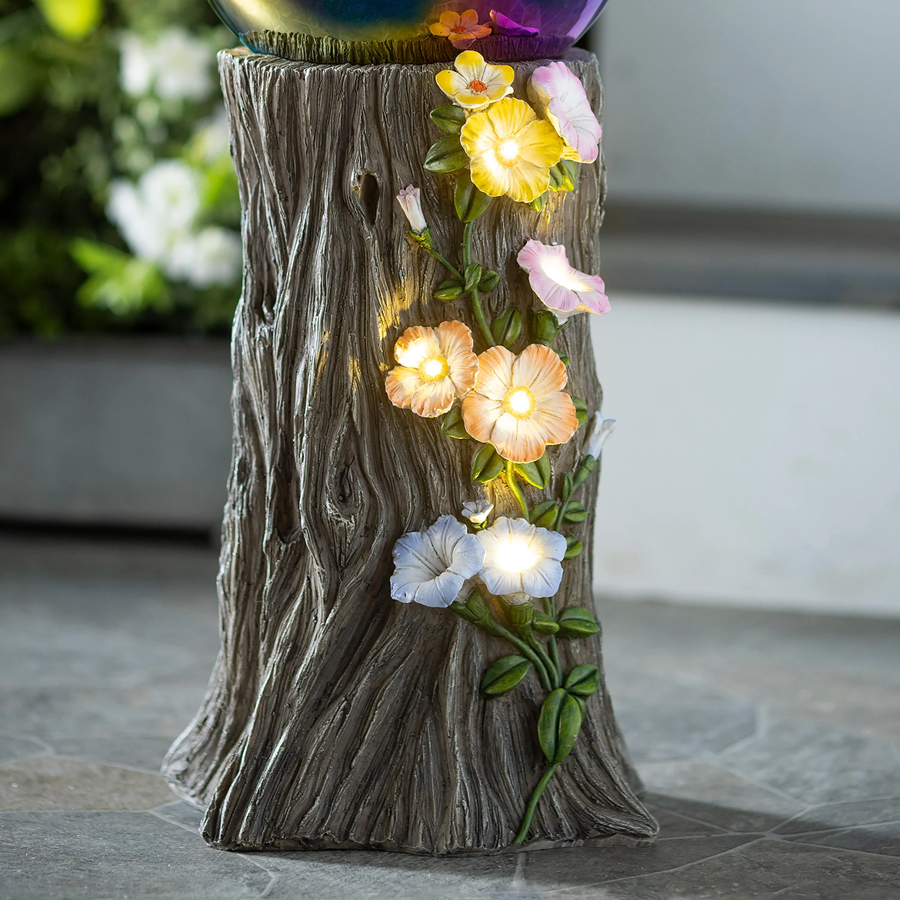 Solar Gazing Ball Floral Stump Stand