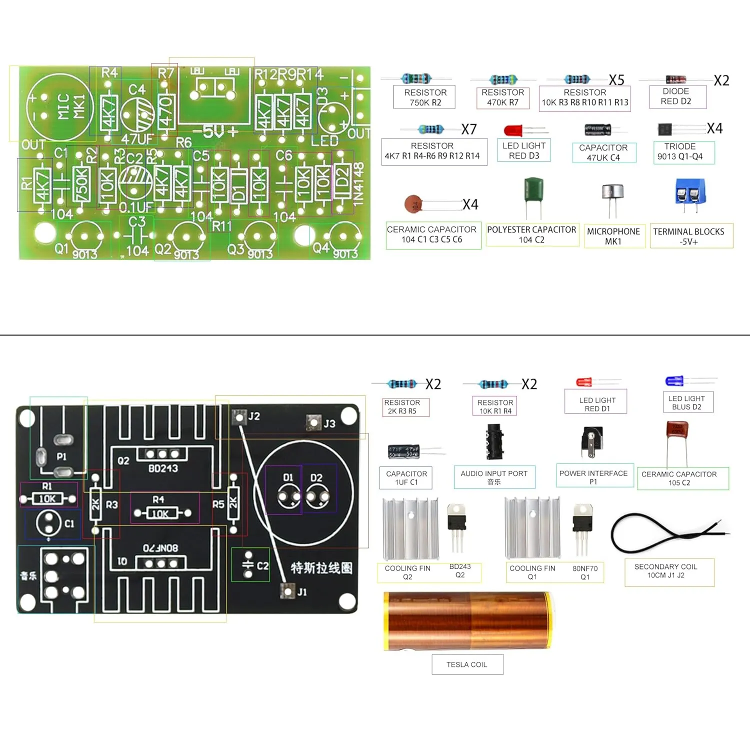 Soldering Practice Kit 5in1 DIY Classic Game Music Tesla Coil Audio-Light Control Red Heart-Shaped Clapping Sound Control Kit Plug-in Circuit Kit Learn Soldering Kit for Beginners (5IN107)
