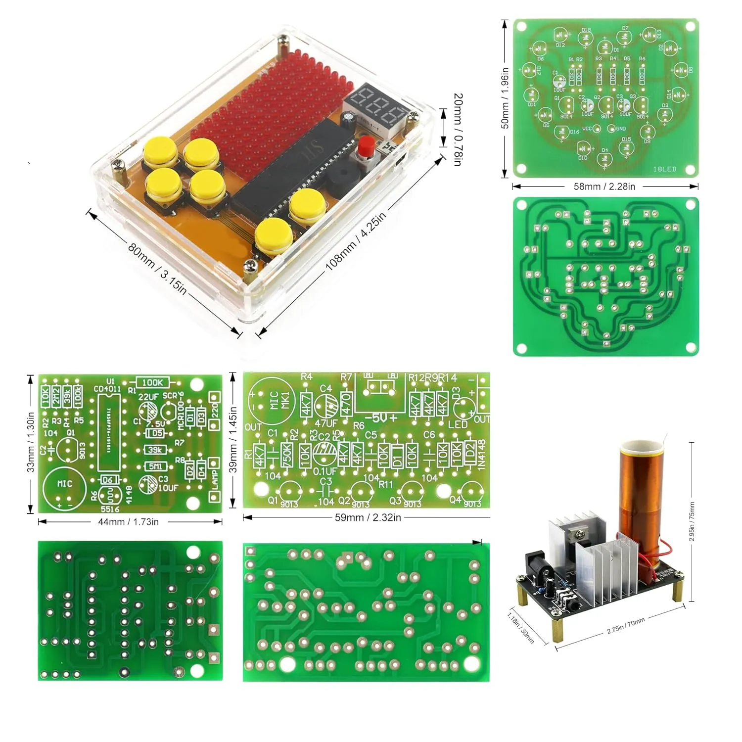 Soldering Practice Kit 5in1 DIY Classic Game Music Tesla Coil Audio-Light Control Red Heart-Shaped Clapping Sound Control Kit Plug-in Circuit Kit Learn Soldering Kit for Beginners (5IN107)