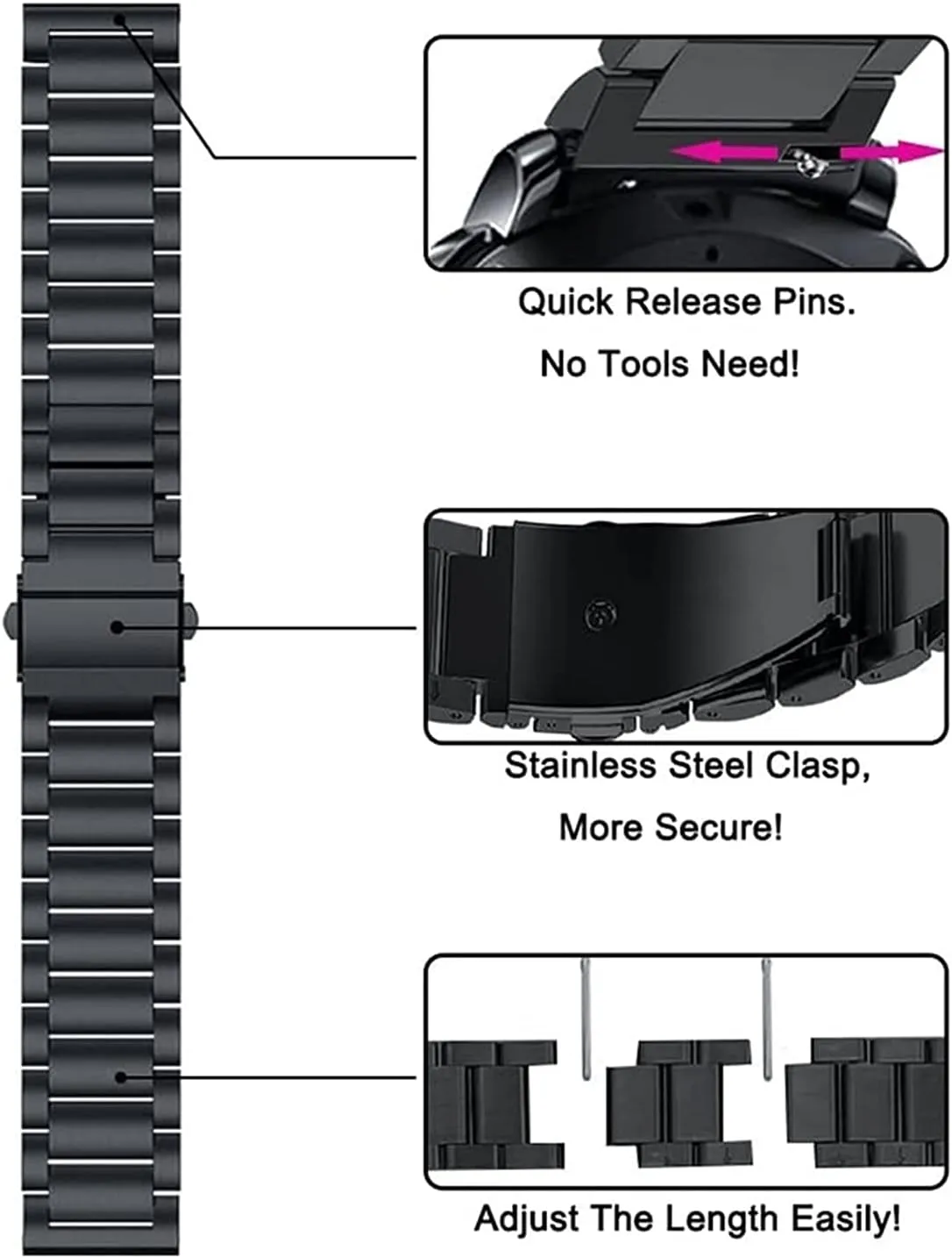 solid metal wristband for watch strap, quick release stainless steel strap replacement 20mm 22mm bracelet