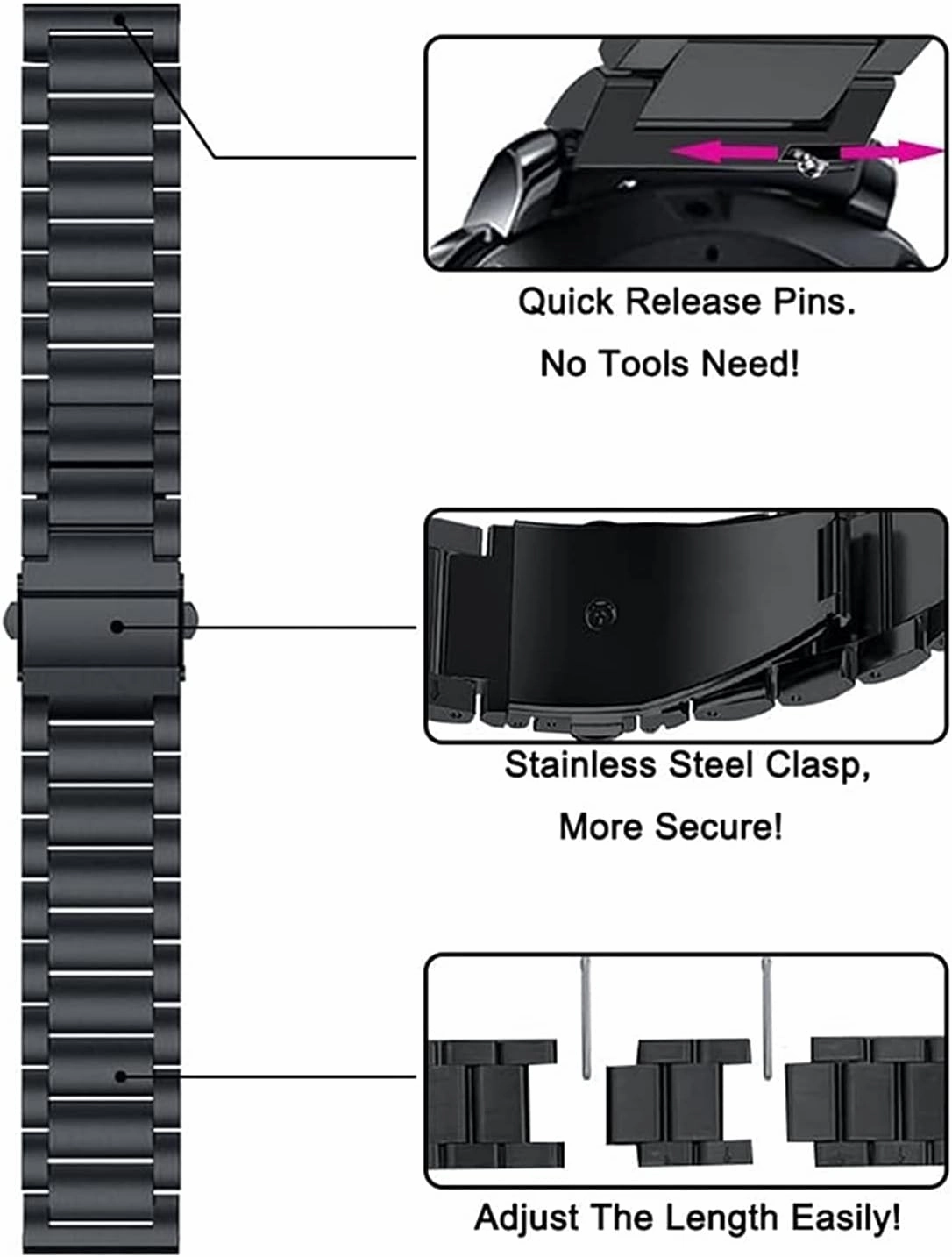 solid metal wristband for watch strap, quick release stainless steel strap replacement 20mm 22mm bracelet