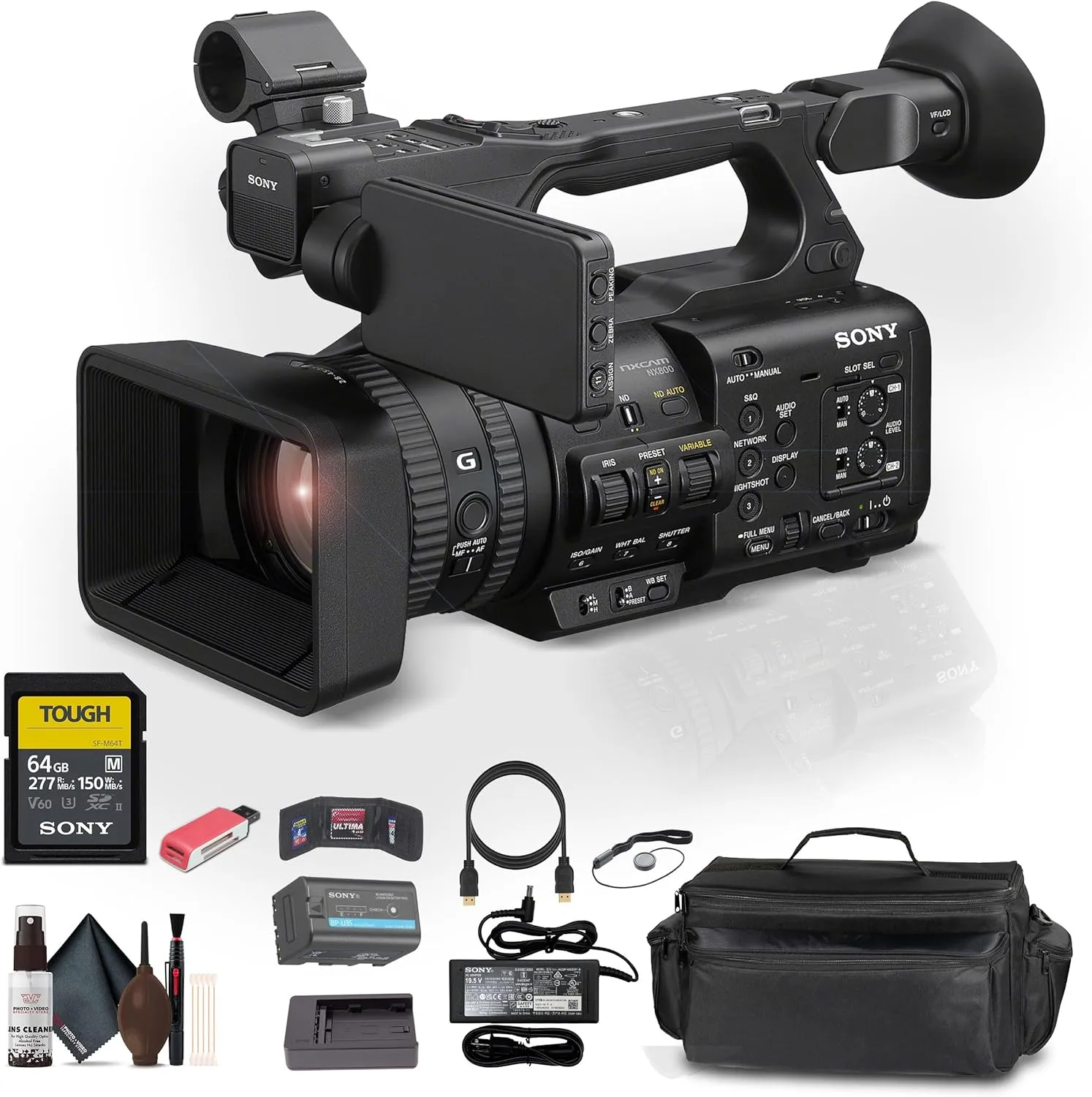 Sony HXR-NX800 4K HDR 1" Sensor NXCAM Camcorder (HXR-NX800) W/ 64GB SF-M Tough Series Memory Card   Large Case   Card Reader   Memory Wallet   Cap Keeper   Cleaning Kit   HDMI Cable