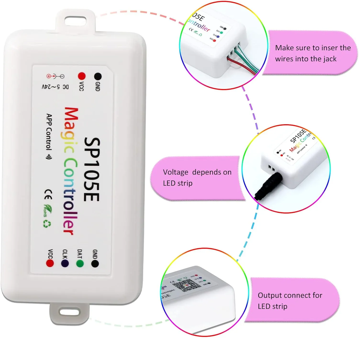 SP105E Led Controller, Ws2812b Controller for Smart IC Led Lights Like Ws2811 SK6812 Ws2815 Ws2813 APA102, Wireless Bluetooth Addressable LED Controller for Indoor Use