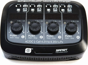 Spektrum S44 Smart Charger: Micro 4-Port 1S LiPo Battery Charger | AC DC Input | Independent Output Ports| Digital LED Display