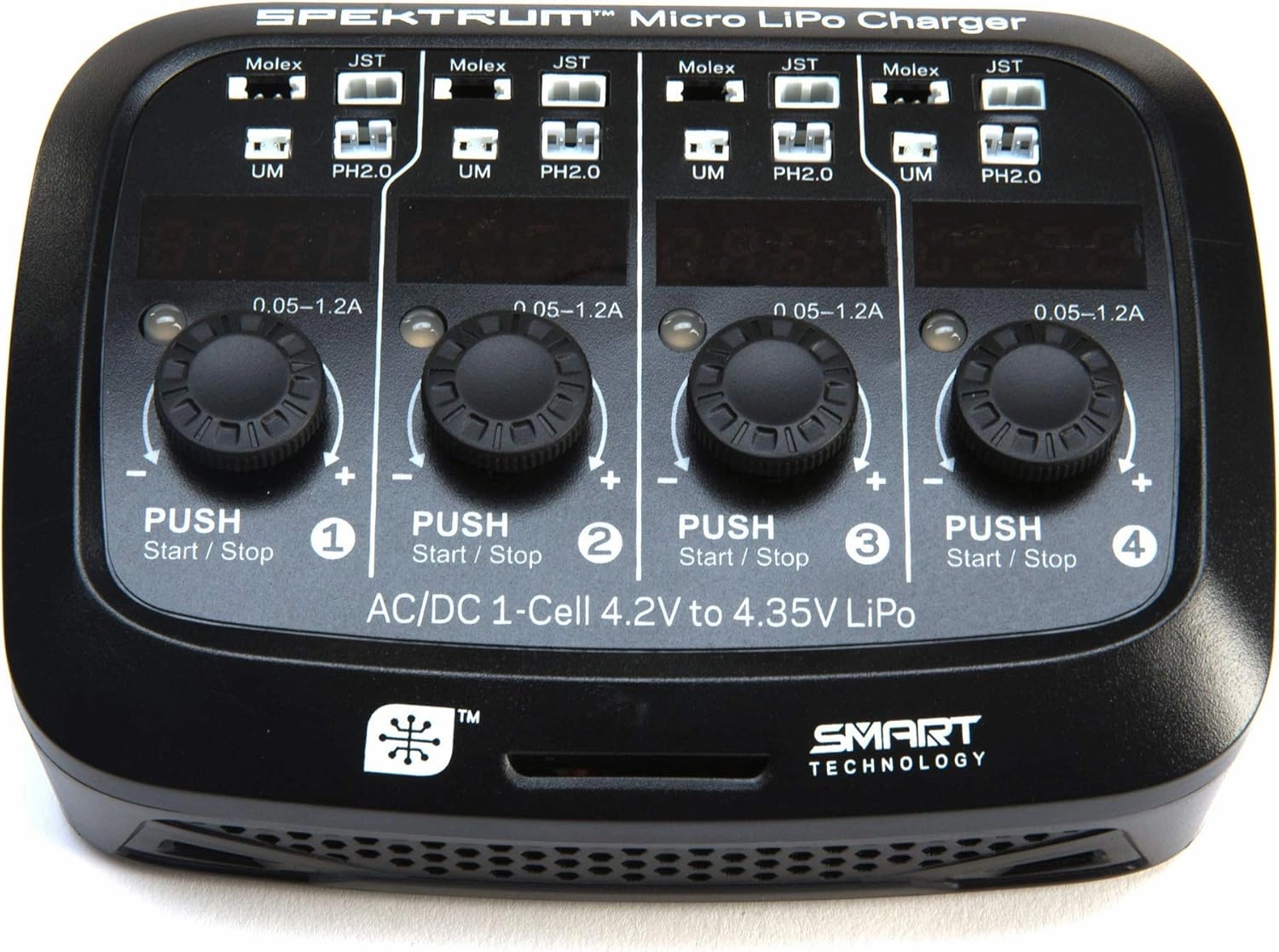 Spektrum S44 Smart Charger: Micro 4-Port 1S LiPo Battery Charger | AC DC Input | Independent Output Ports| Digital LED Display