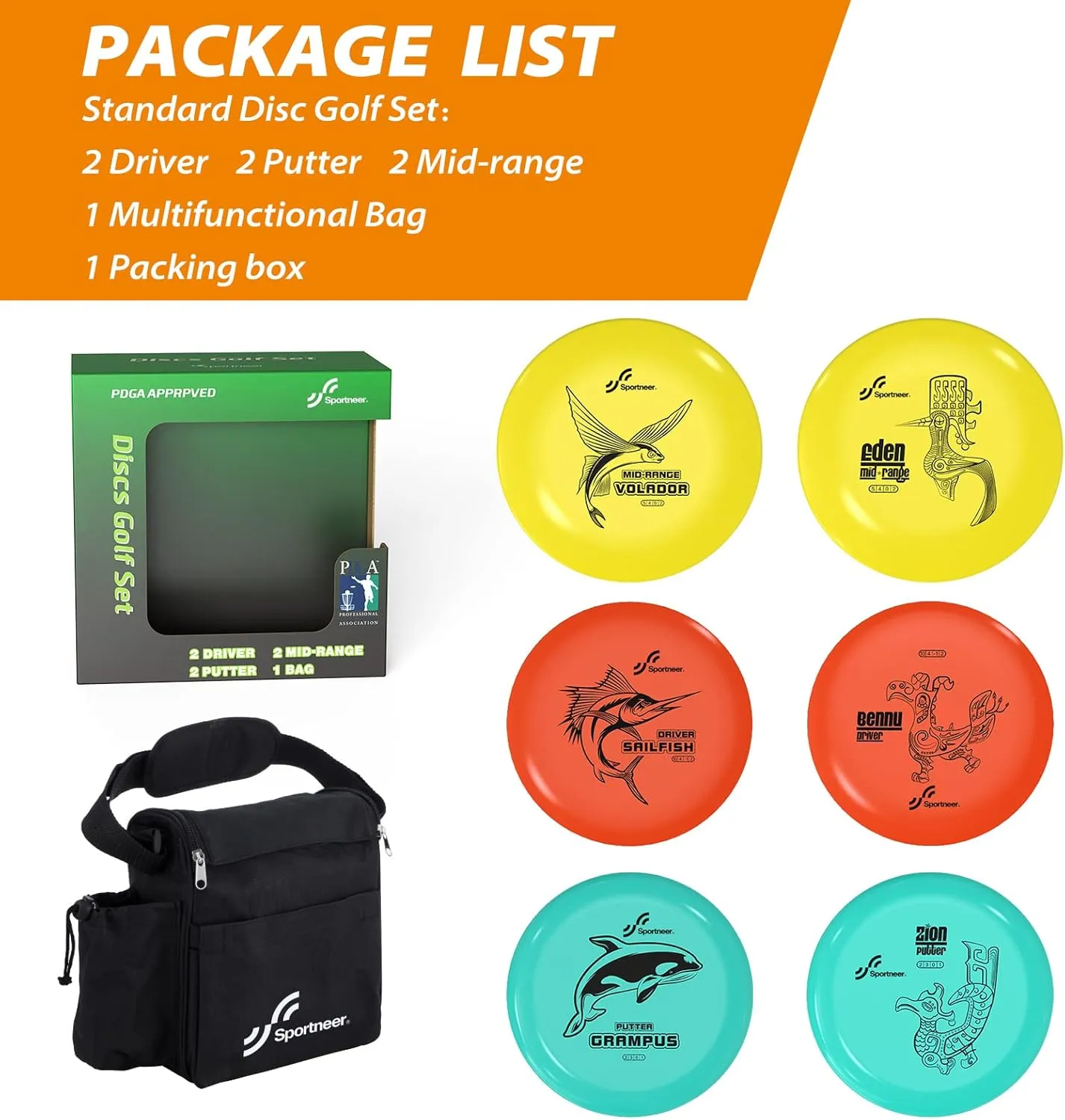 Sportneer Disc Golf Set - Disc Golf Starter Set 6 Pack with Putter, Mid-Range, Driver, Mini Disc Marker Include Portable Bag for Beginner Backyard Outdoor Game