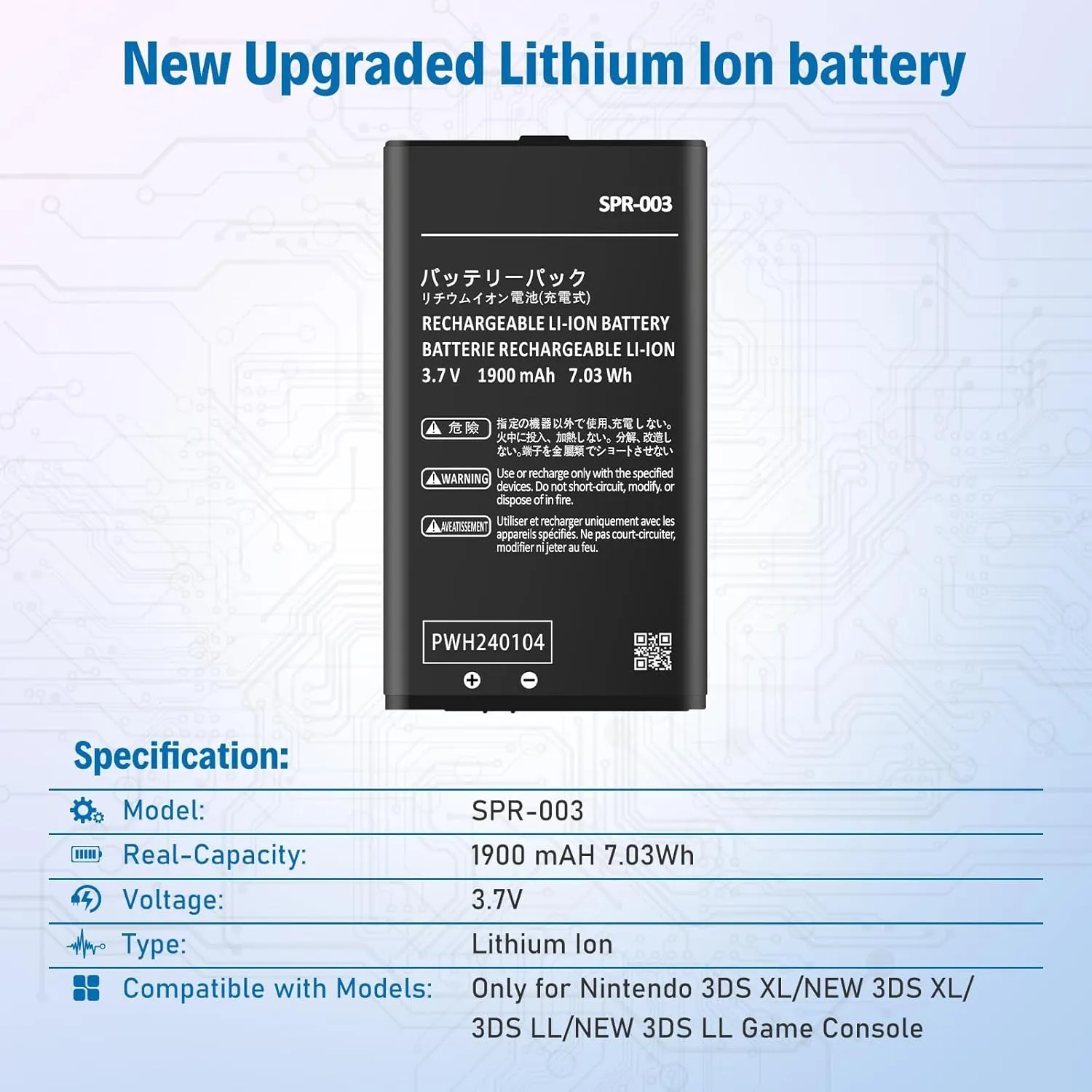 SPR-003 Battery, 2025 New Upgraded 1900mAh Ultra High Capacity Lithium-ion Replacement Battery for Nintendo 3DS XL/New 3DS XL/ 3DS LL/New 3DS LL Game Console with Repair Tool