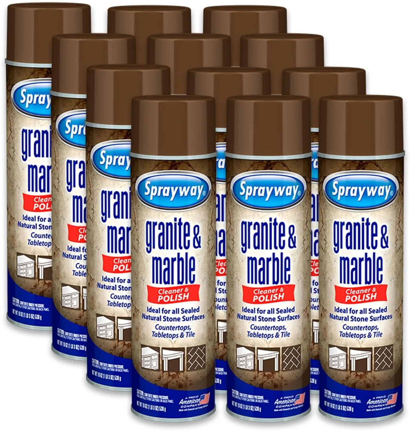 Sprayway Granite & Marble Cleaner Aerosol Spray 19oz, Pack of 12 | Foaming Action, Removes Grease, Oil, Fingerprints | Ideal for Sealed Natural Stone Surfaces, Countertops, Tabletops, Tile
