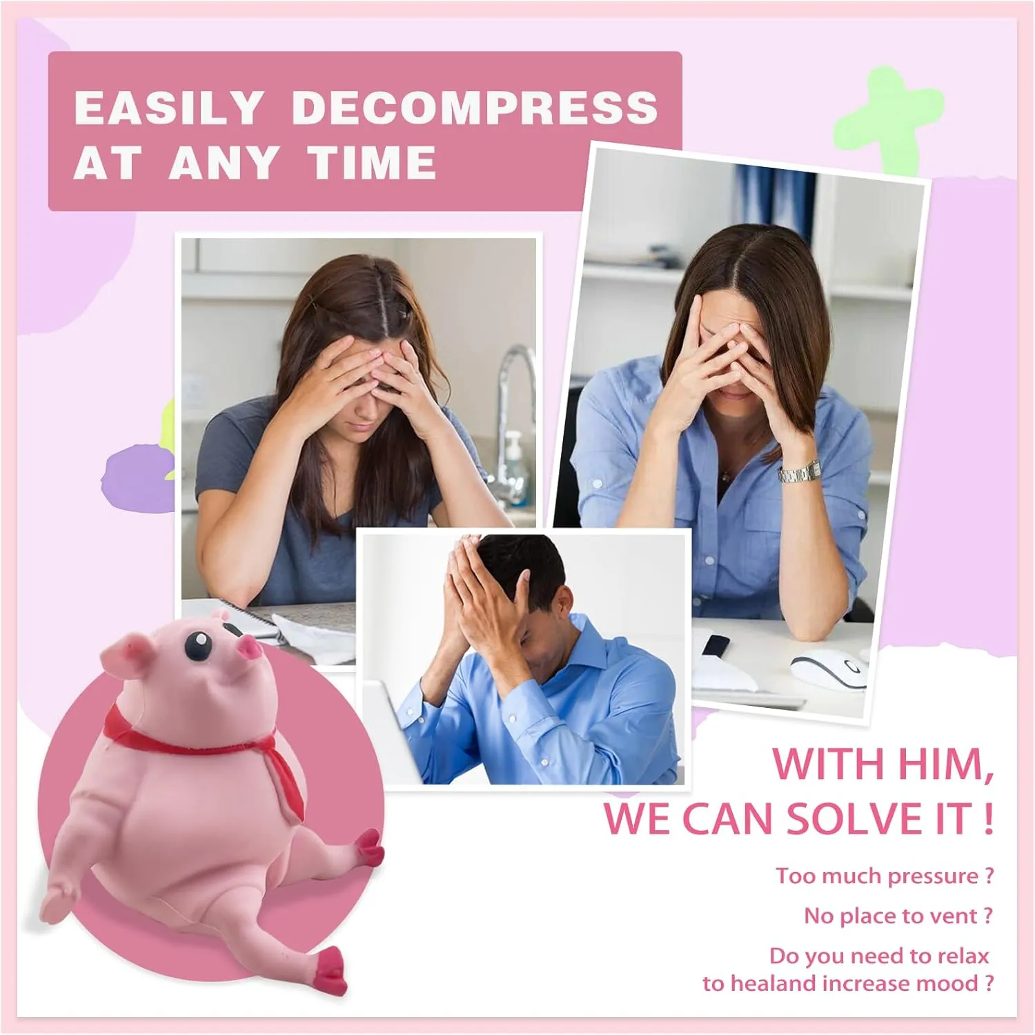 Squishy Pig Cute Stress Reliever for Kids and Adults - Funny Novelty Squeeze Sensory Fidget Autism Piggy Toy