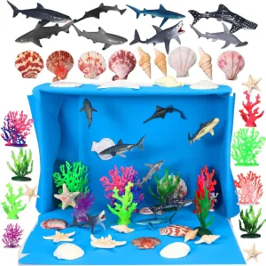 Sratte 26 Pcs Sea Animal Figures 8 Shark Figurine Toys 8 Seaweed Coral 7 Shell 3 Starfish for Shark Cake Topper Party Gifts Diorama Projects Educational Figures