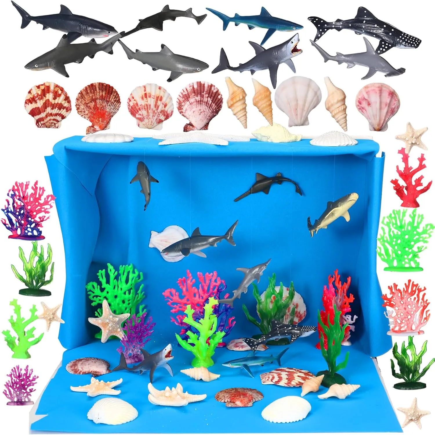 Sratte 26 Pcs Sea Animal Figures 8 Shark Figurine Toys 8 Seaweed Coral 7 Shell 3 Starfish for Shark Cake Topper Party Gifts Diorama Projects Educational Figures