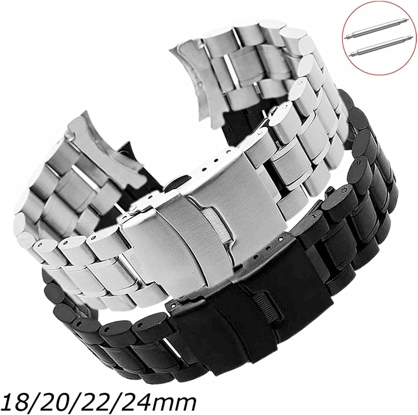 Stainless Steel Metal Band 18mm 20mm 22mm 24mm Band Double Locking Adjustable Frame Black, Silver Bracelet (Band Color: Black, Band Width: 20mm)