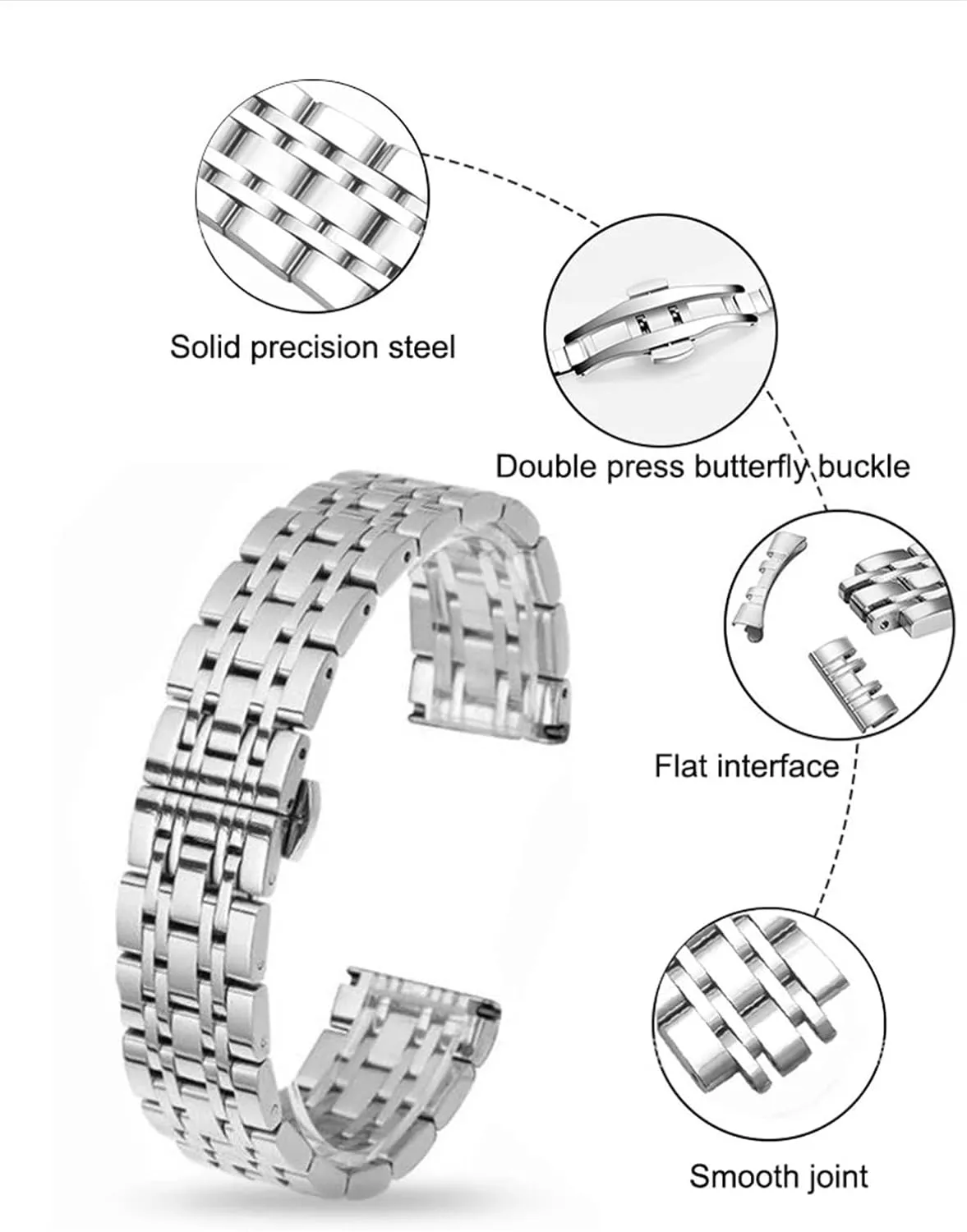 Stainless Steel Watch Strap 16mm 18mm 20mm 22mm Solid Metal Wristband Suitable For Smart Watch Men Women Universal Strap Accessories