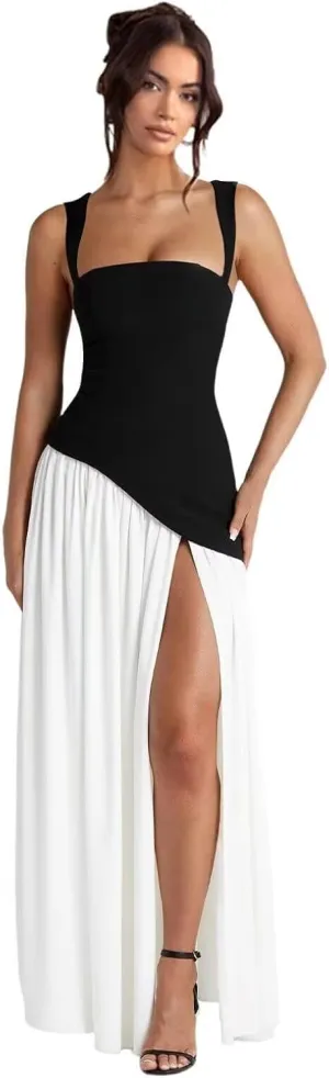 Straps Prom Dresses for Women Long Front Slit Asymmetrical Drop Waist Party Dress for Girls Chiffon Formal Gowns