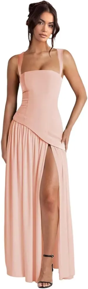 Straps Prom Dresses for Women Long Front Slit Asymmetrical Drop Waist Party Dress for Girls Chiffon Formal Gowns