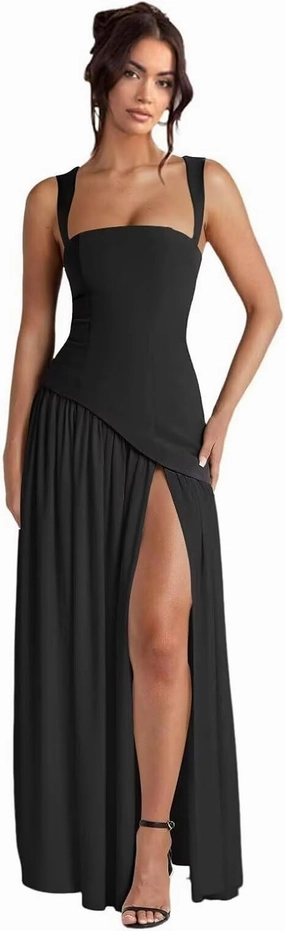 Straps Prom Dresses for Women Long Front Slit Asymmetrical Drop Waist Party Dress for Girls Chiffon Formal Gowns
