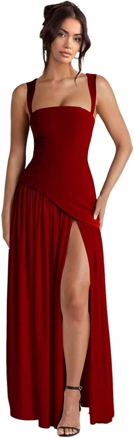 Straps Prom Dresses for Women Long Front Slit Asymmetrical Drop Waist Party Dress for Girls Chiffon Formal Gowns