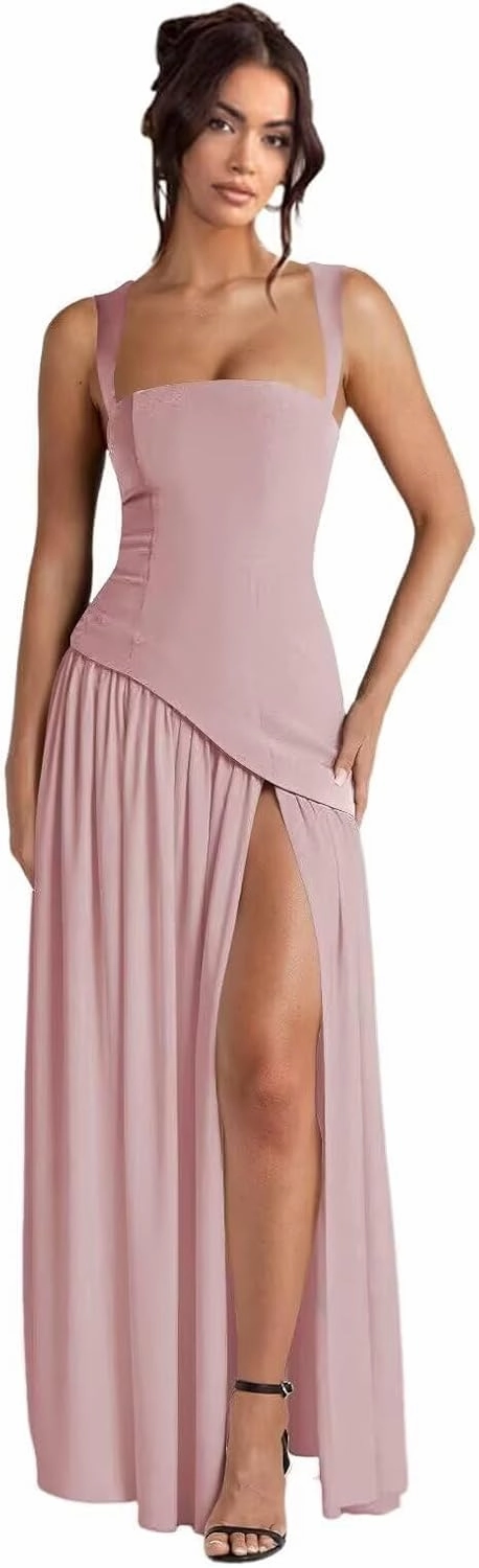 Straps Prom Dresses for Women Long Front Slit Asymmetrical Drop Waist Party Dress for Girls Chiffon Formal Gowns