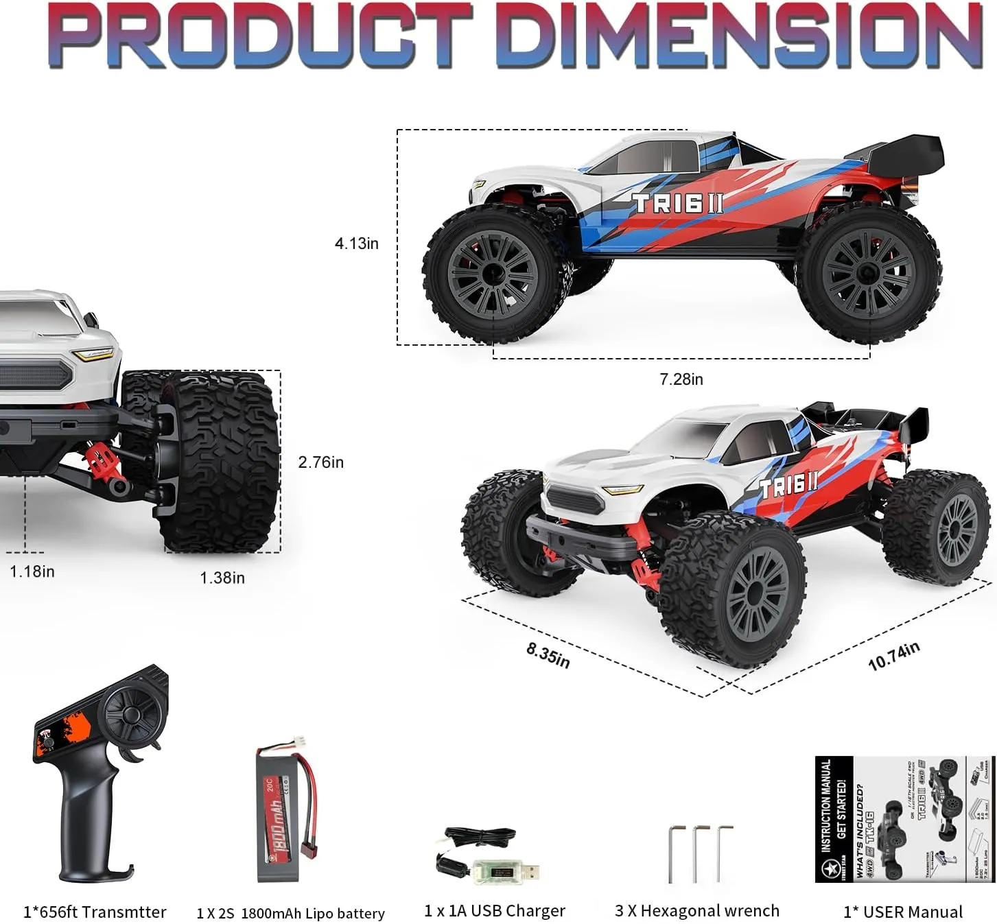 STREETSTAR 1/16 Scale All Terrain RC Car, 40KPH High Speed 4WD Electric Vehicle with 2.4 GHz Remote Control, Waterproof, 1800mAh Li-Po, 30  Min Playtime- TR-16 Blue