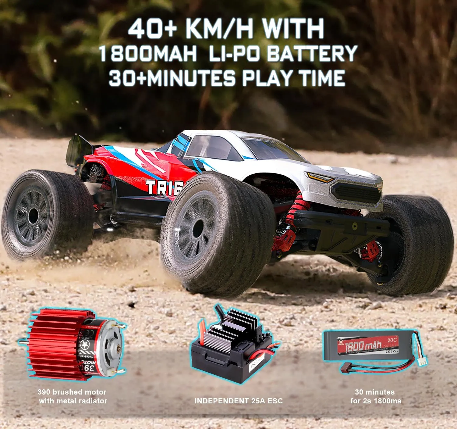 STREETSTAR 1/16 Scale All Terrain RC Car, 40KPH High Speed 4WD Electric Vehicle with 2.4 GHz Remote Control, Waterproof, 1800mAh Li-Po, 30  Min Playtime- TR-16 Blue