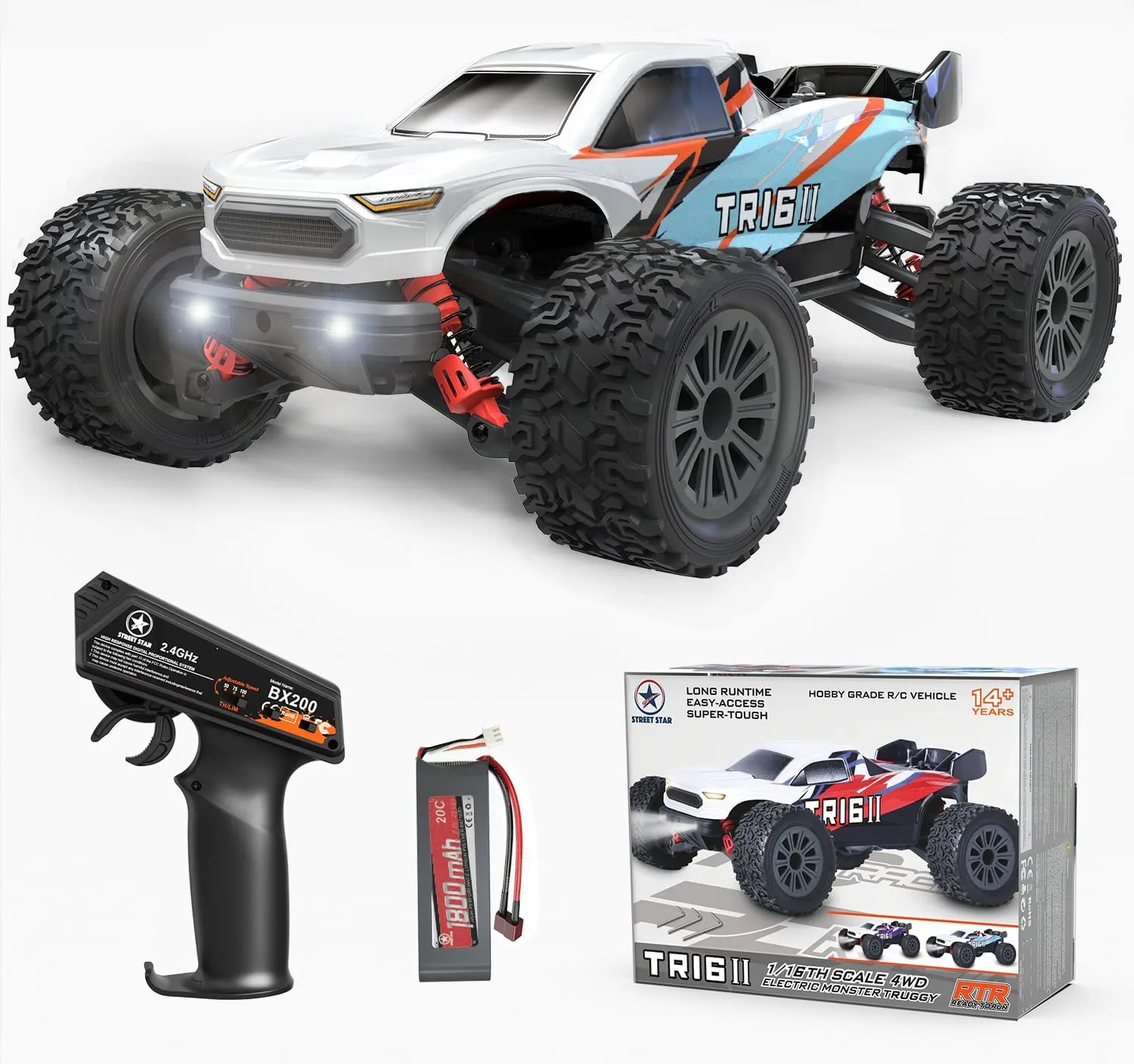 STREETSTAR 1/16 Scale All Terrain RC Car, 40KPH High Speed 4WD Electric Vehicle with 2.4 GHz Remote Control, Waterproof, 1800mAh Li-Po, 30  Min Playtime- TR-16 Blue