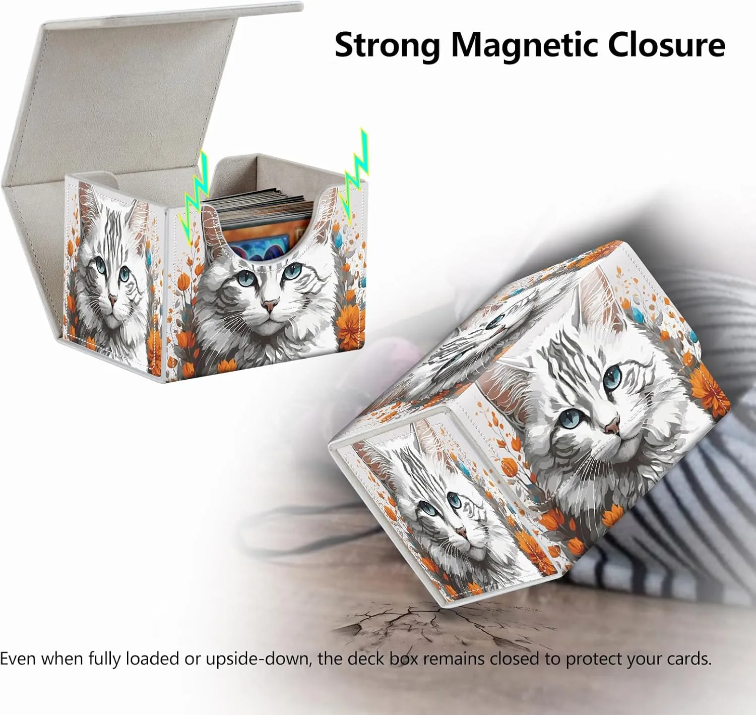 Strong Magnet Card Case Deck Box Mtg Card Box Playing Card Box Magic Deck Box Tcg Up to 200 Cards Creative Pattern Trading Card Storage Box for Collectible Card Games, Long-Haired White Cat
