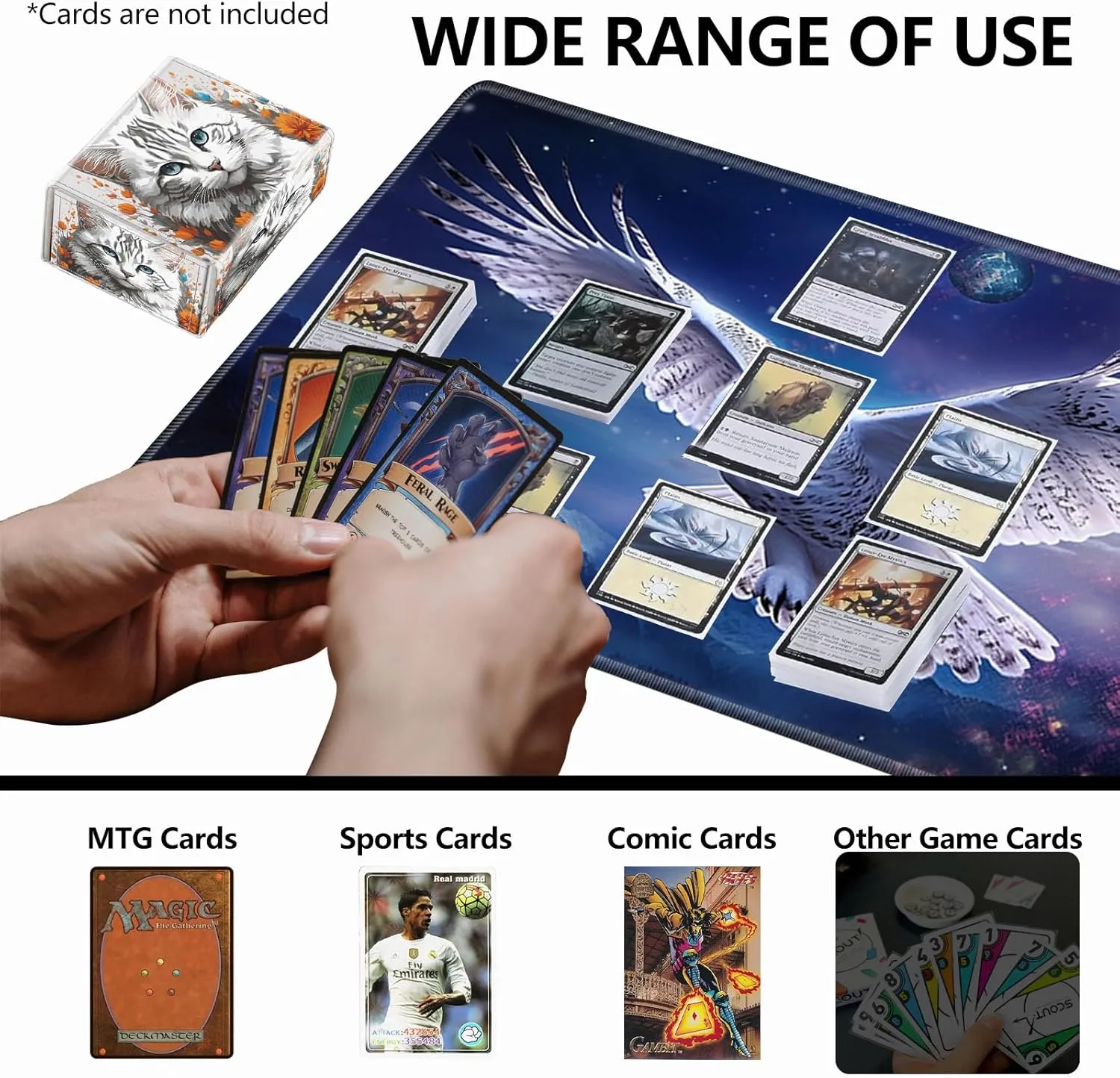 Strong Magnet Card Case Deck Box Mtg Card Box Playing Card Box Magic Deck Box Tcg Up to 200 Cards Creative Pattern Trading Card Storage Box for Collectible Card Games, Long-Haired White Cat