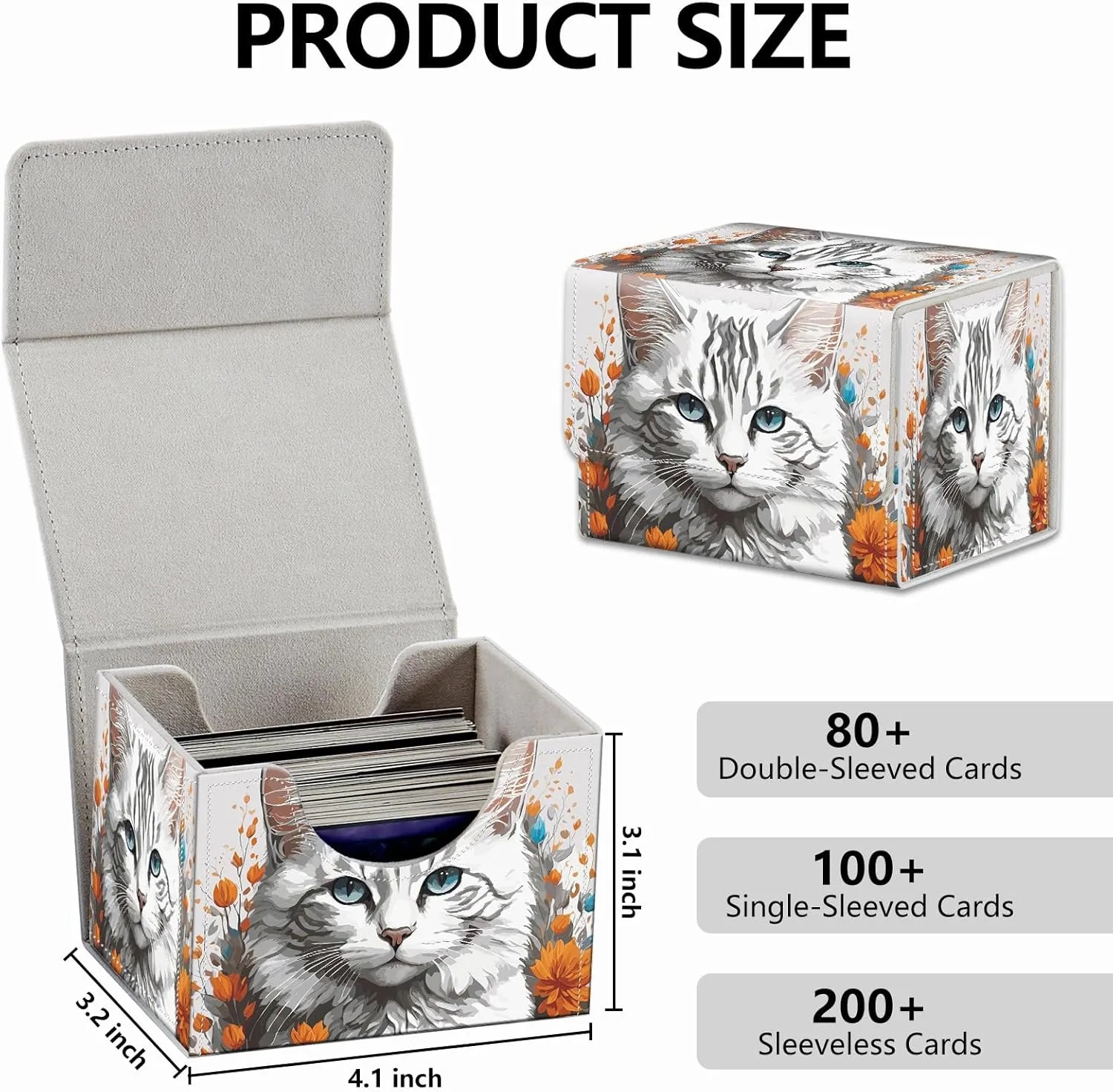 Strong Magnet Card Case Deck Box Mtg Card Box Playing Card Box Magic Deck Box Tcg Up to 200 Cards Creative Pattern Trading Card Storage Box for Collectible Card Games, Long-Haired White Cat