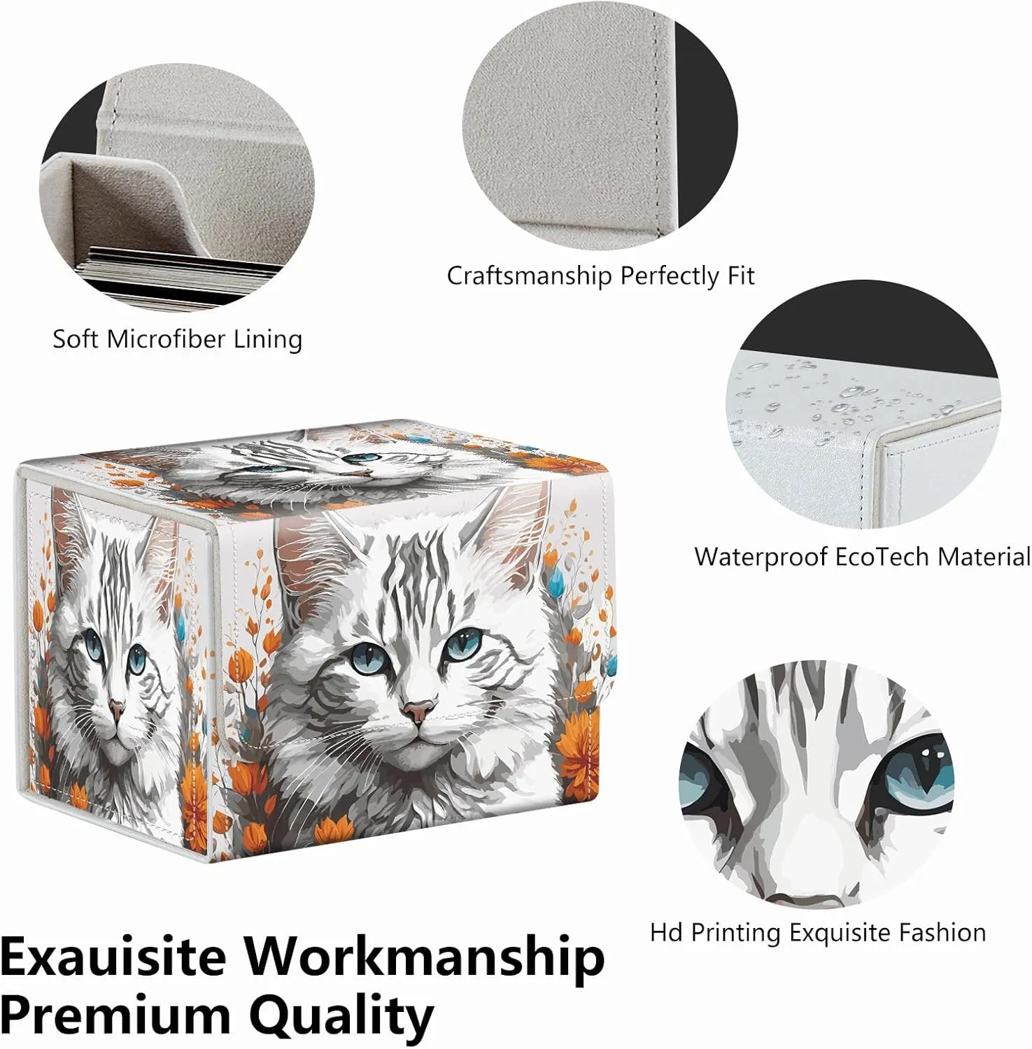 Strong Magnet Card Case Deck Box Mtg Card Box Playing Card Box Magic Deck Box Tcg Up to 200 Cards Creative Pattern Trading Card Storage Box for Collectible Card Games, Long-Haired White Cat