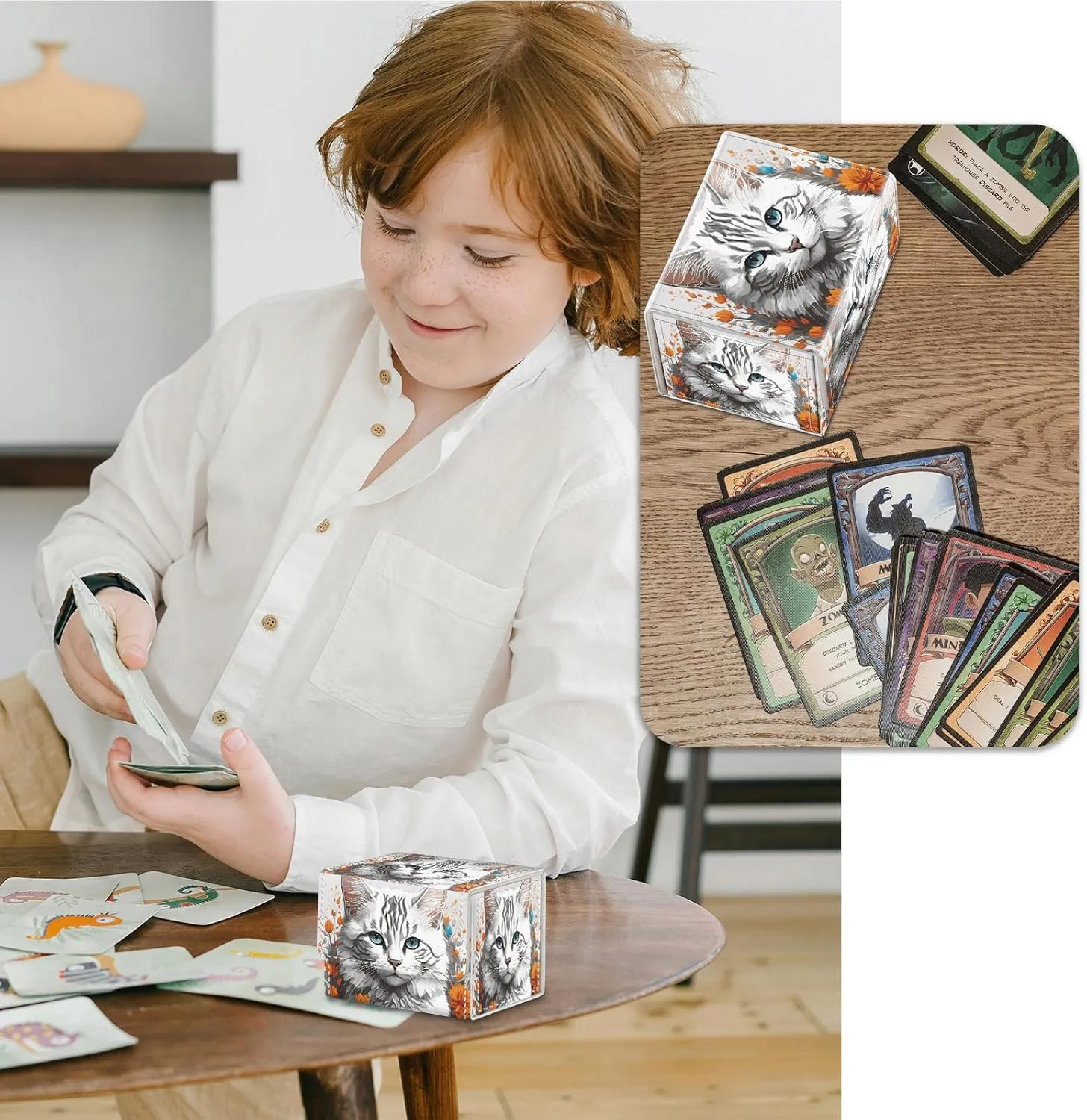 Strong Magnet Card Case Deck Box Mtg Card Box Playing Card Box Magic Deck Box Tcg Up to 200 Cards Creative Pattern Trading Card Storage Box for Collectible Card Games, Long-Haired White Cat