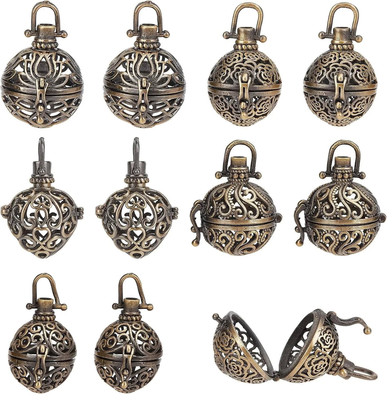 SUNNYCLUE 10Pcs Cage Charms Brass Locket Charms Chime Ball Bulk Antique Bronze Cage Charm for Jewelry Making Charm Hollow Perfume Diffuser Charm Necklace Keychain Supplies Adult DIY Art Craft