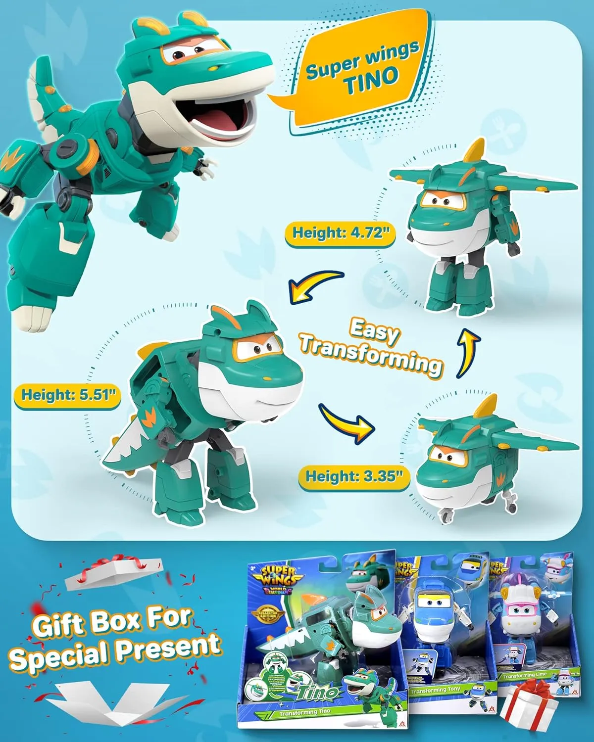 Super Wings 5 in Transformable Toys Tino, Transforming Airplane Robot for Boys and Girls, Action Figures Dinosaur Toy for Kids Age 3 4 5 6 7 8 9 