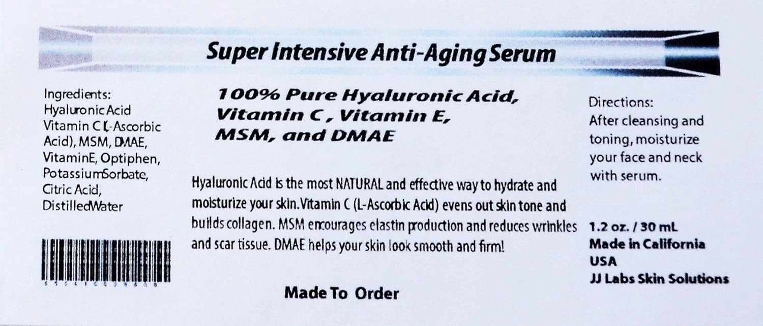 Super Intensive Anti-Aging Serum, 100% Pure Hyaluronic Acid, Vitamin C, Vitamin E, MSM, and DMAE (1oz)