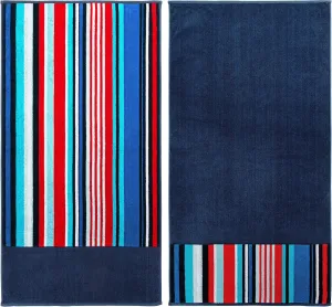 Superior Cotton Striped Beach Towel Set for Kids, Adults, Travel, Pool, Shower, Quick Dry, Swimming, Vacation, Camping, Bathroom, Absorbent, Nautical Collection, 34" x 64", Navy Blue/Red, 2 Piece