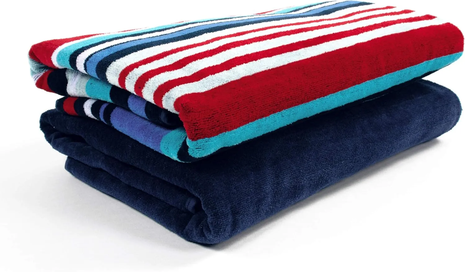 Superior Cotton Striped Beach Towel Set for Kids, Adults, Travel, Pool, Shower, Quick Dry, Swimming, Vacation, Camping, Bathroom, Absorbent, Nautical Collection, 34" x 64", Navy Blue/Red, 2 Piece