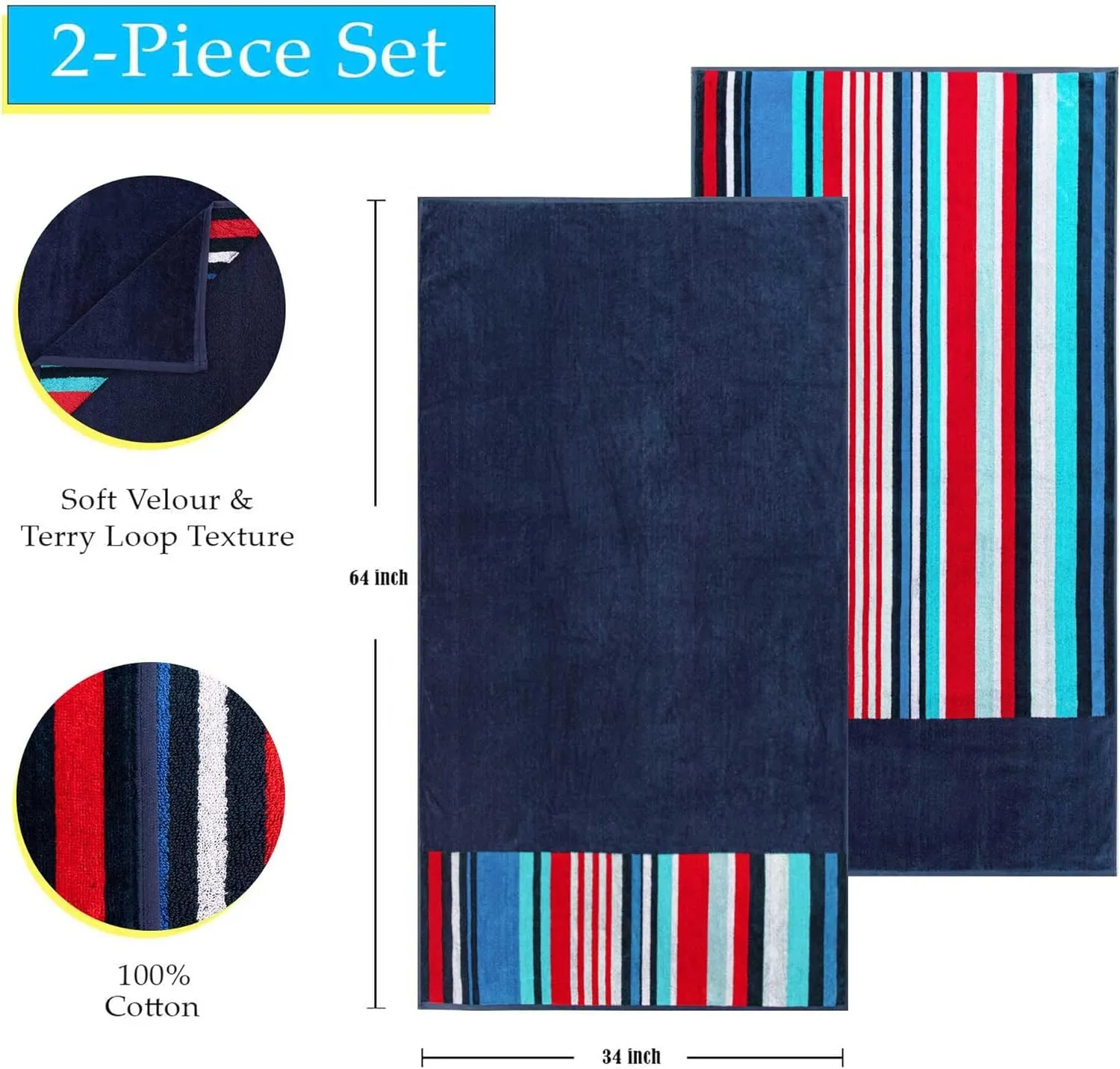 Superior Cotton Striped Beach Towel Set for Kids, Adults, Travel, Pool, Shower, Quick Dry, Swimming, Vacation, Camping, Bathroom, Absorbent, Nautical Collection, 34" x 64", Navy Blue/Red, 2 Piece
