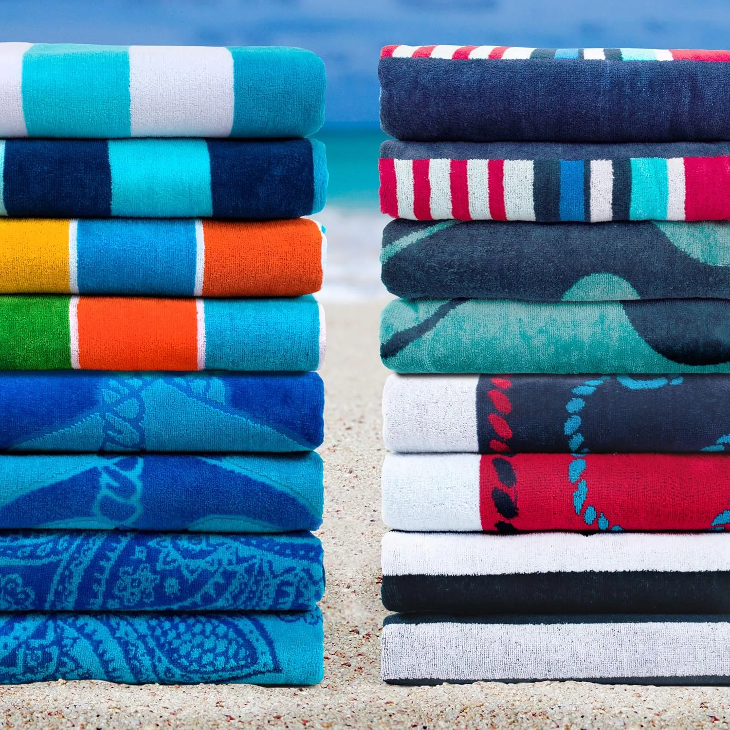 Superior Cotton Striped Beach Towel Set for Kids, Adults, Travel, Pool, Shower, Quick Dry, Swimming, Vacation, Camping, Bathroom, Absorbent, Nautical Collection, 34" x 64", Navy Blue/Red, 2 Piece