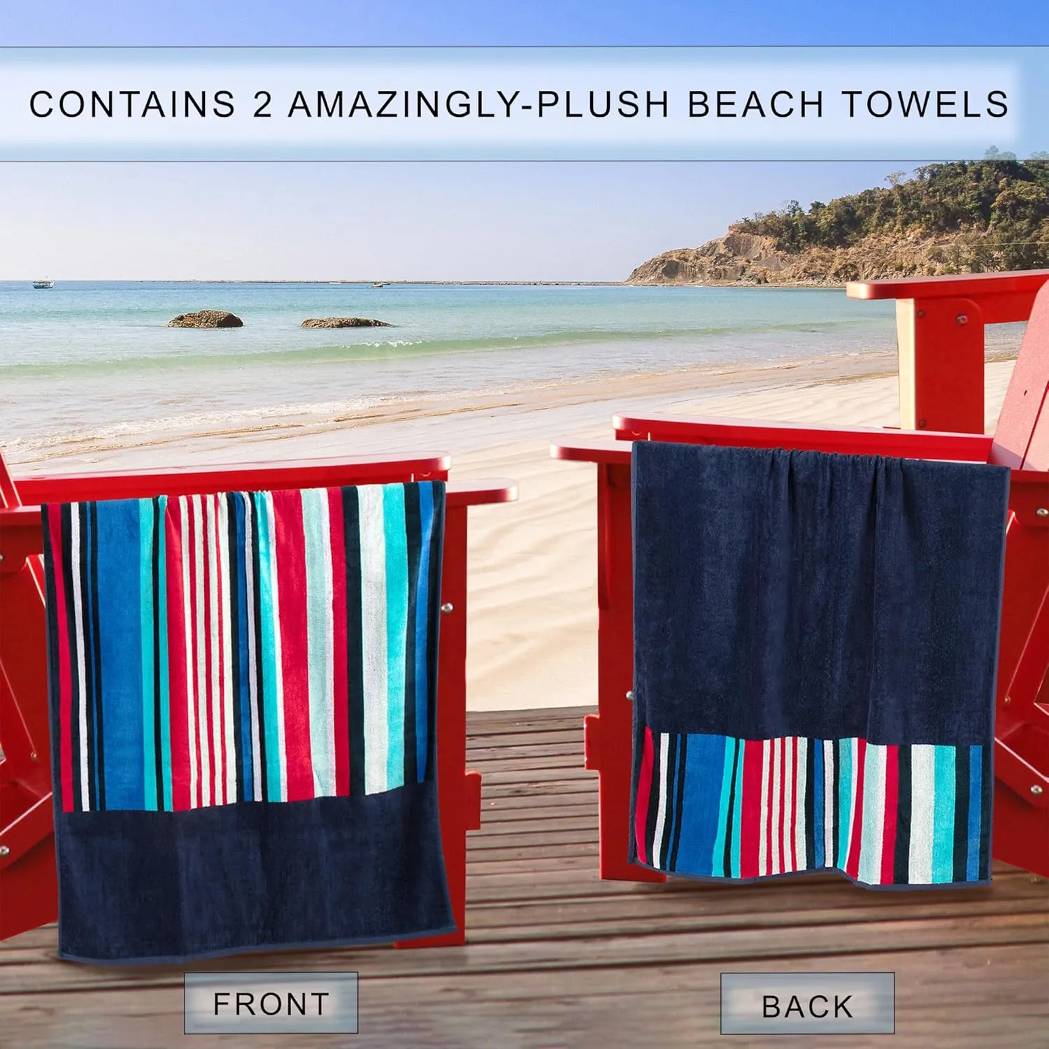 Superior Cotton Striped Beach Towel Set for Kids, Adults, Travel, Pool, Shower, Quick Dry, Swimming, Vacation, Camping, Bathroom, Absorbent, Nautical Collection, 34" x 64", Navy Blue/Red, 2 Piece