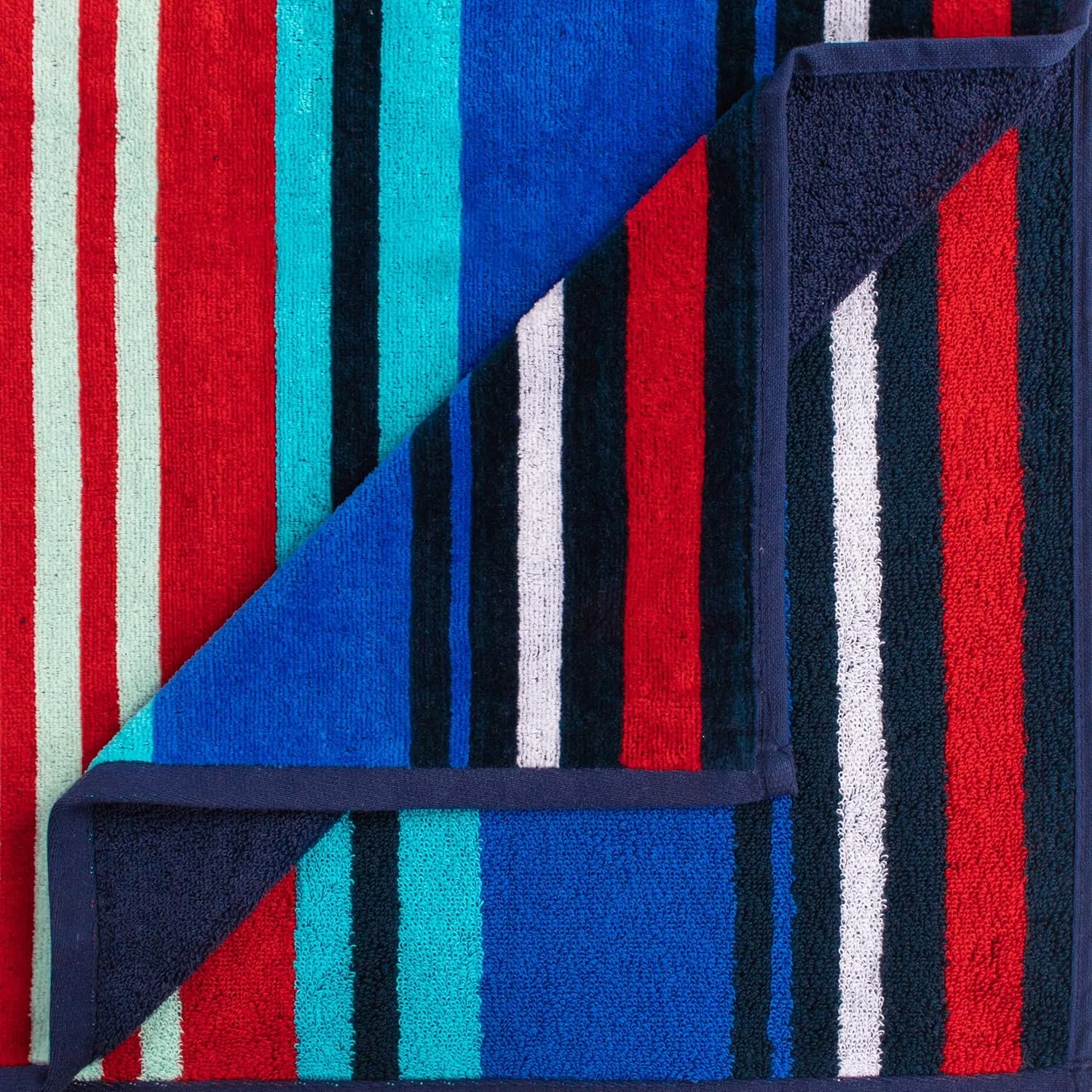Superior Cotton Striped Beach Towel Set for Kids, Adults, Travel, Pool, Shower, Quick Dry, Swimming, Vacation, Camping, Bathroom, Absorbent, Nautical Collection, 34" x 64", Navy Blue/Red, 2 Piece