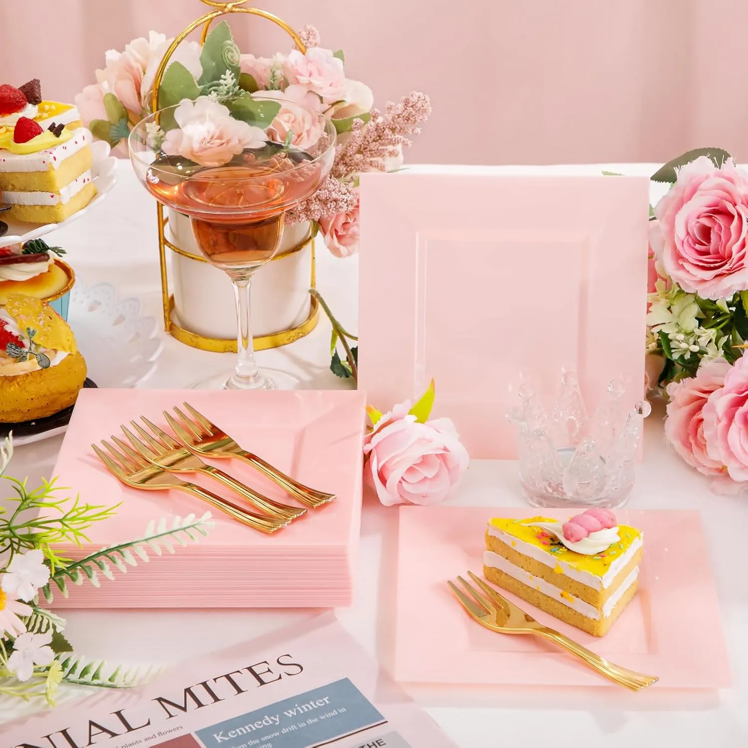 supernal 100pcs Pink Square Dessert Plates with 100pcs Gold Dessert Forks,Appetizer Plates Disposable,Premium Plastic Salad Plates,Square Dinner Plates,6" Clear Plates and 5" Gold Forks