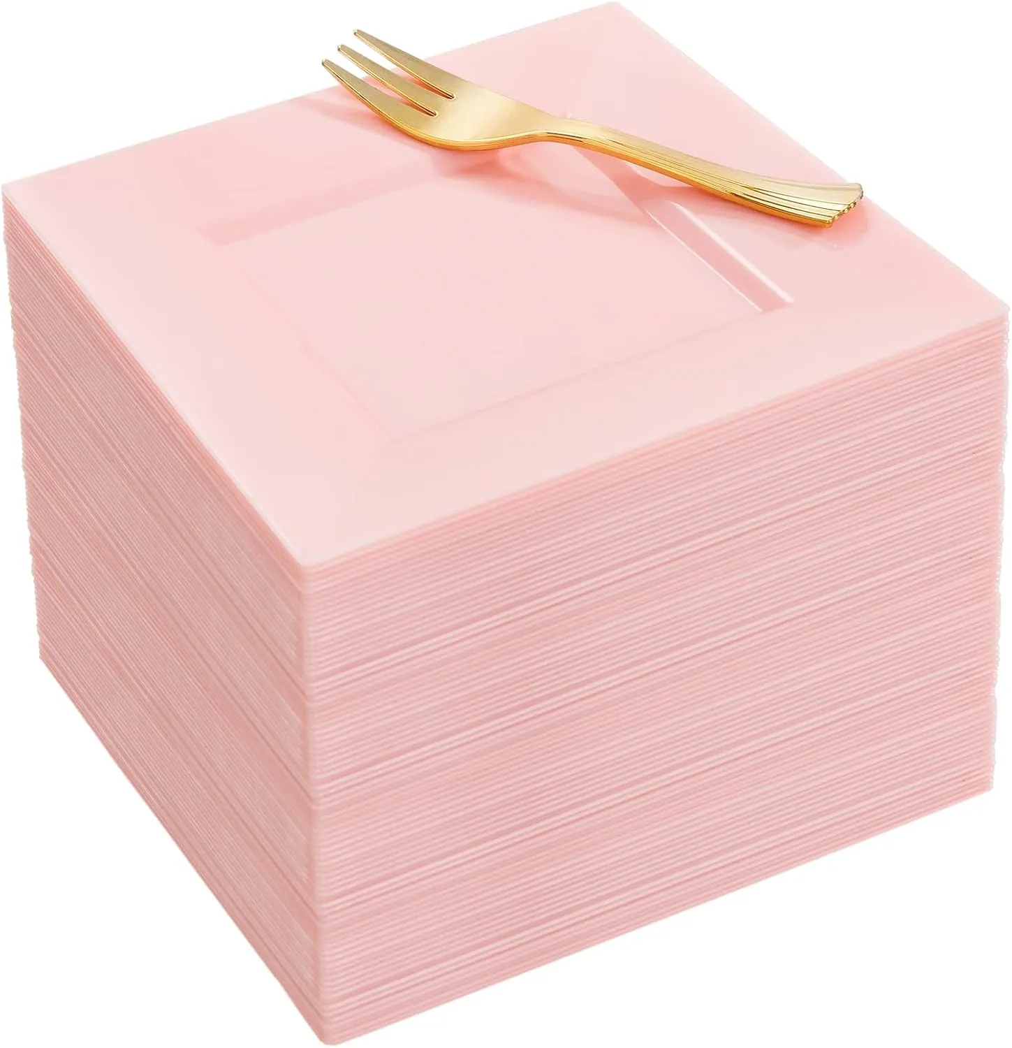 supernal 100pcs Pink Square Dessert Plates with 100pcs Gold Dessert Forks,Appetizer Plates Disposable,Premium Plastic Salad Plates,Square Dinner Plates,6" Clear Plates and 5" Gold Forks