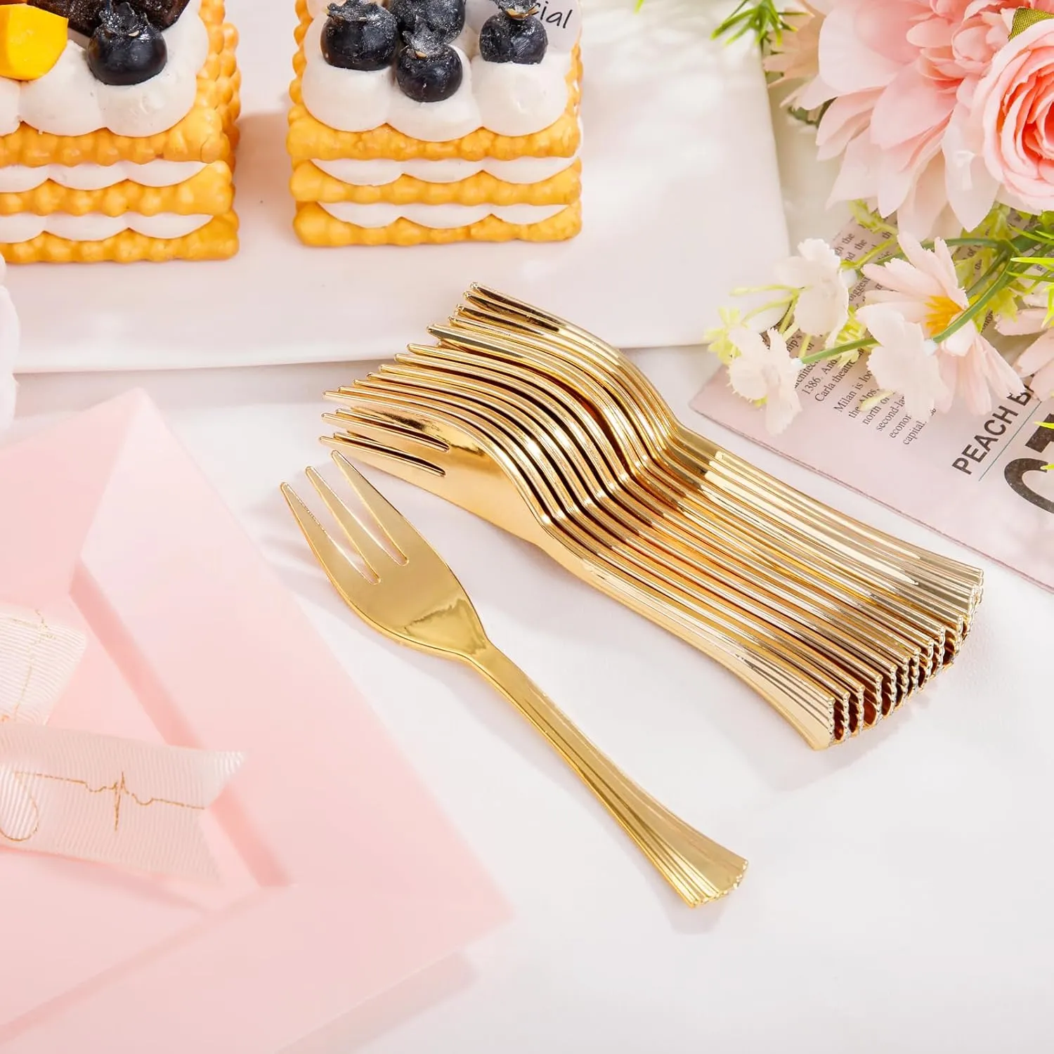 supernal 100pcs Pink Square Dessert Plates with 100pcs Gold Dessert Forks,Appetizer Plates Disposable,Premium Plastic Salad Plates,Square Dinner Plates,6" Clear Plates and 5" Gold Forks
