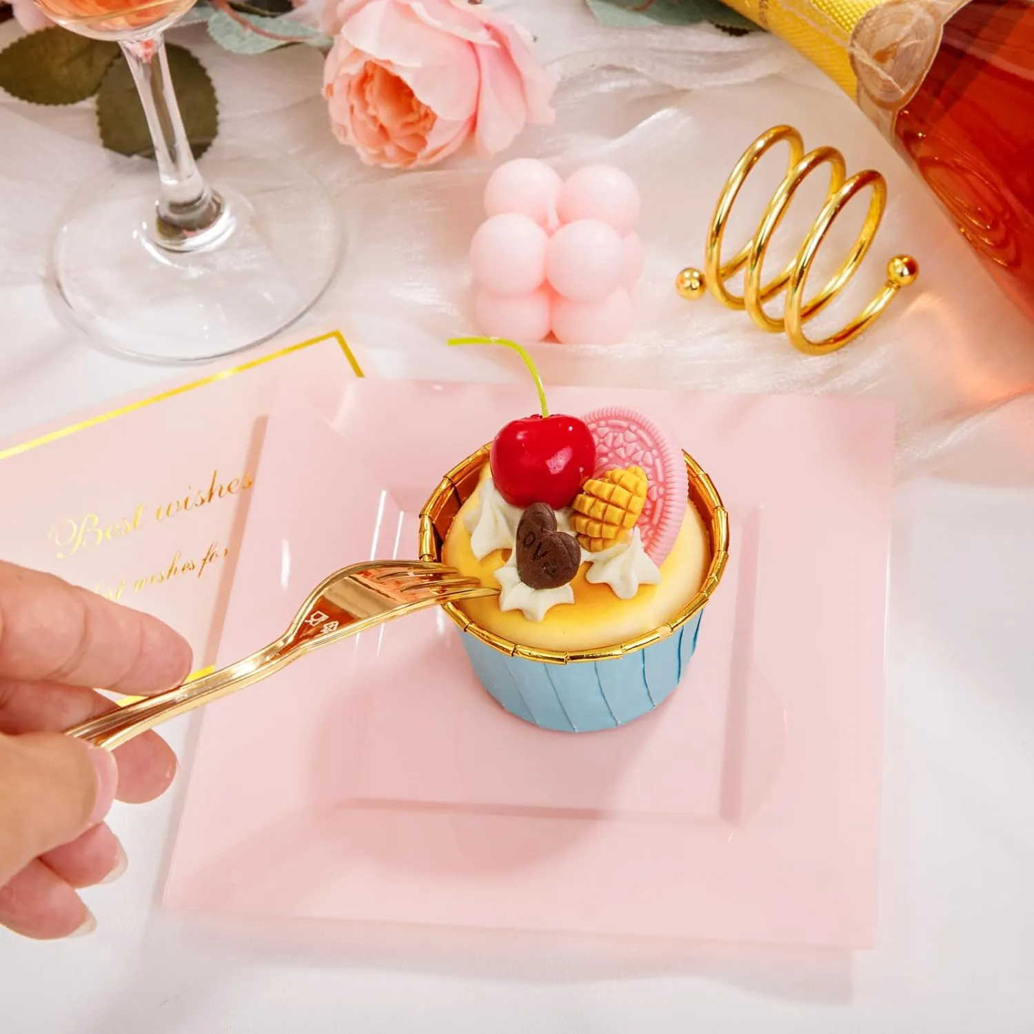 supernal 100pcs Pink Square Dessert Plates with 100pcs Gold Dessert Forks,Appetizer Plates Disposable,Premium Plastic Salad Plates,Square Dinner Plates,6" Clear Plates and 5" Gold Forks