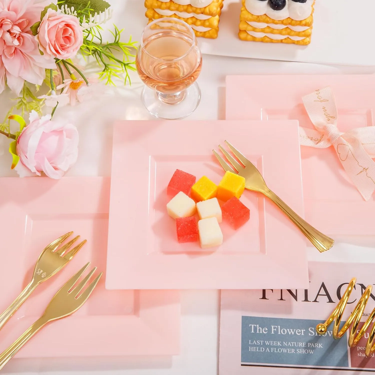 supernal 100pcs Pink Square Dessert Plates with 100pcs Gold Dessert Forks,Appetizer Plates Disposable,Premium Plastic Salad Plates,Square Dinner Plates,6" Clear Plates and 5" Gold Forks